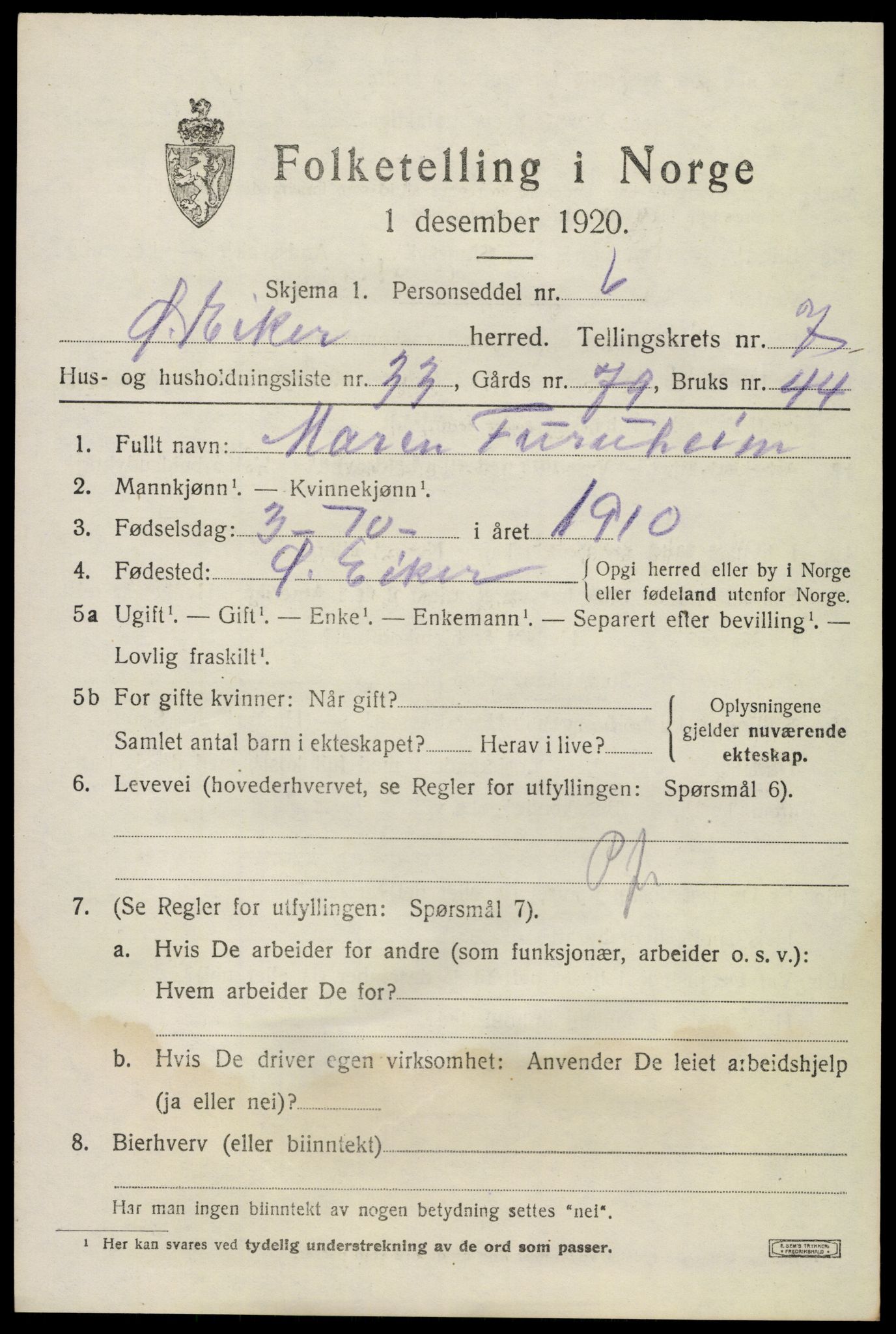 SAKO, 1920 census for Øvre Eiker, 1920, p. 13648
