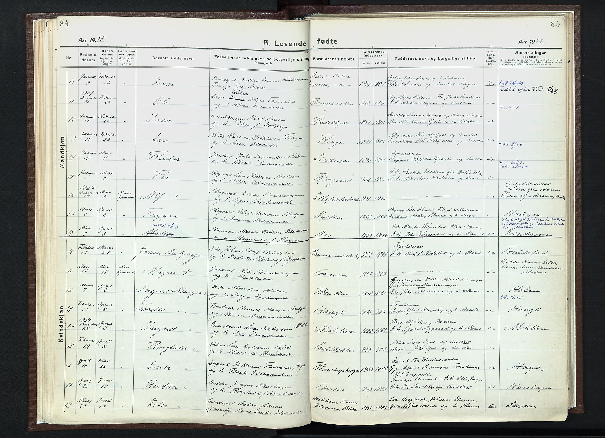 Veldre prestekontor, AV/SAH-PREST-018/K/Ka/L0001: Parish register (official) no. 1, 1921-1934, p. 84-85