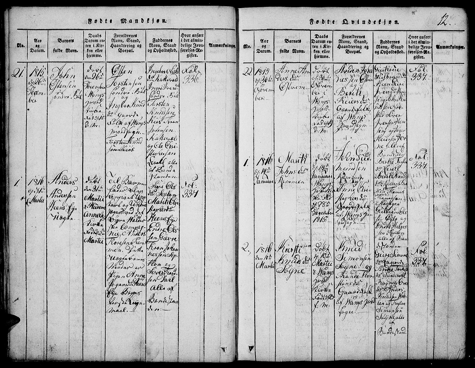 Vang prestekontor, Valdres, SAH/PREST-140/H/Hb/L0002: Parish register (copy) no. 2, 1814-1889, p. 12