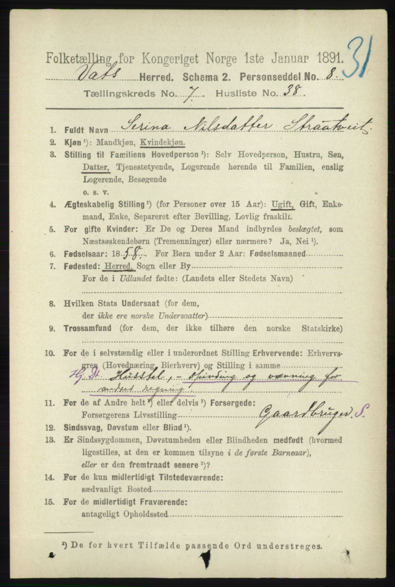 RA, 1891 census for 1155 Vats, 1891, p. 1297