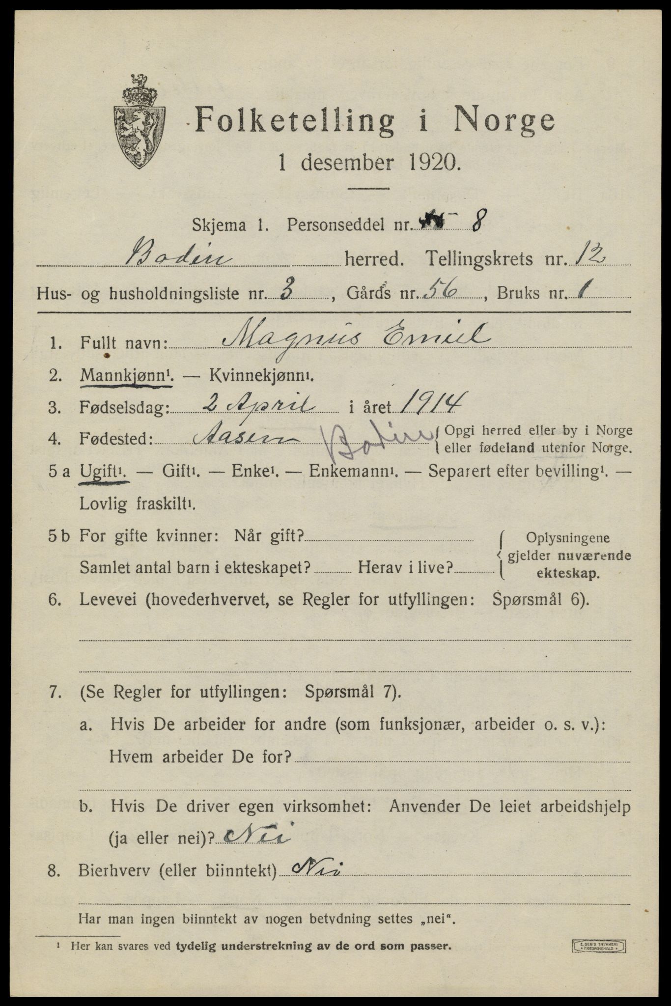 SAT, 1920 census for Bodin, 1920, p. 8462