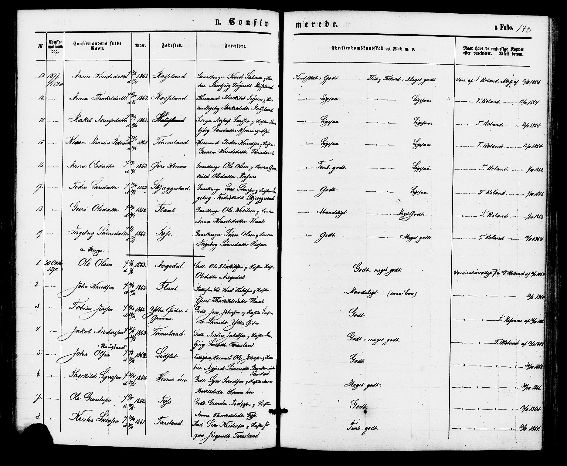 Bjelland sokneprestkontor, SAK/1111-0005/F/Fa/Faa/L0003: Parish register (official) no. A 3, 1867-1887, p. 148