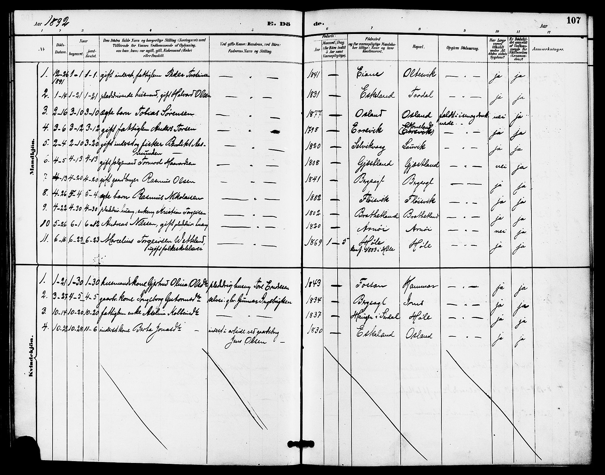 Høgsfjord sokneprestkontor, AV/SAST-A-101624/H/Ha/Haa/L0005: Parish register (official) no. A 5, 1885-1897, p. 107