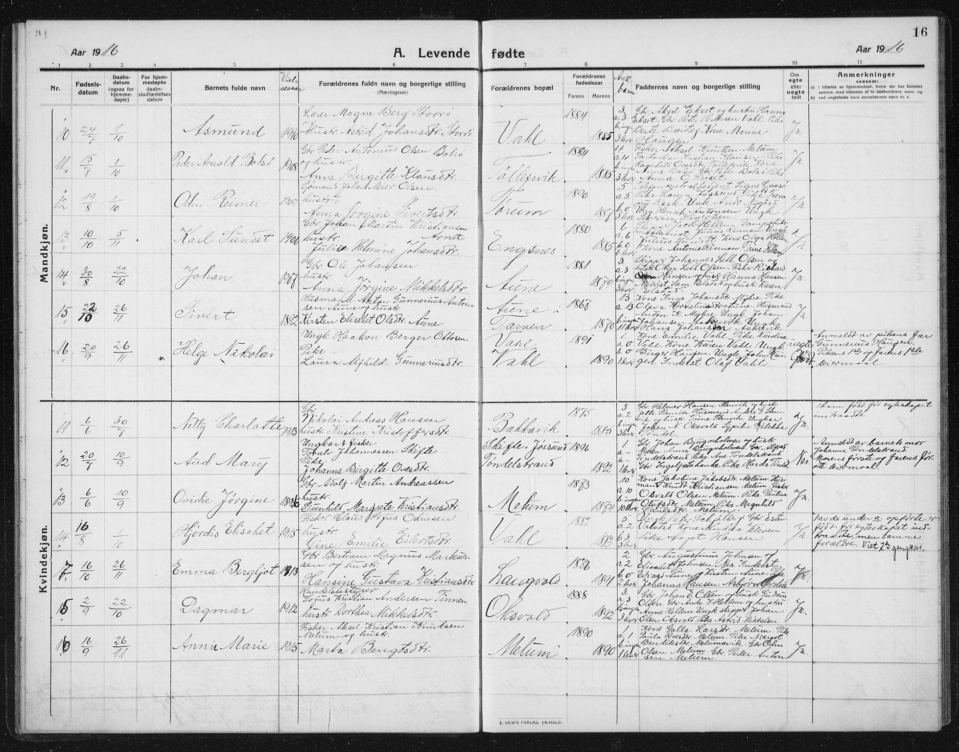 Ministerialprotokoller, klokkerbøker og fødselsregistre - Sør-Trøndelag, SAT/A-1456/652/L0654: Parish register (copy) no. 652C02, 1910-1937, p. 16