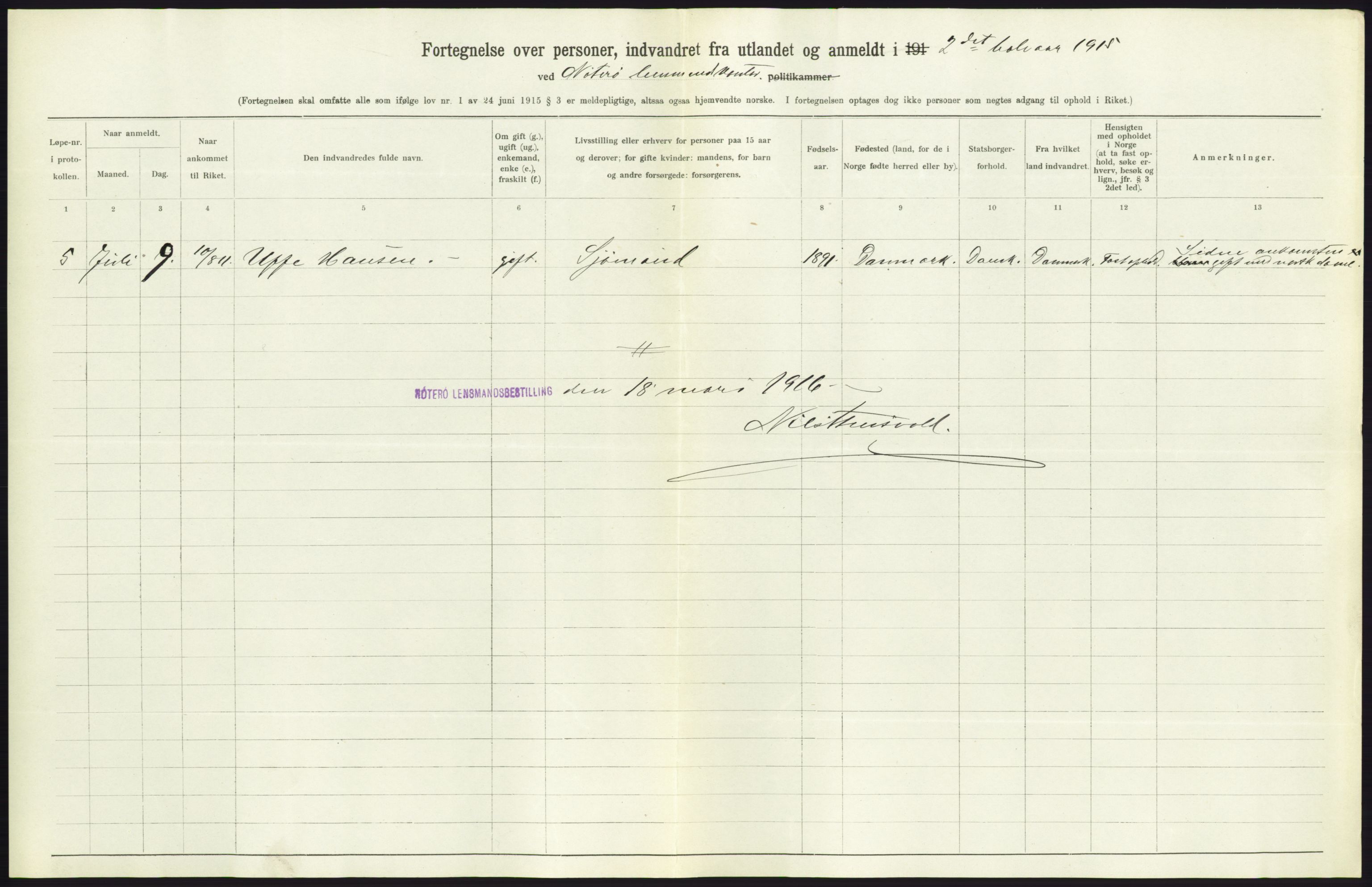 Statistisk sentralbyrå, Sosioøkonomiske emner, Folketellinger, boliger og boforhold, AV/RA-S-2231/F/Fa/L0001: Innvandring. Navn/fylkesvis, 1915, p. 278