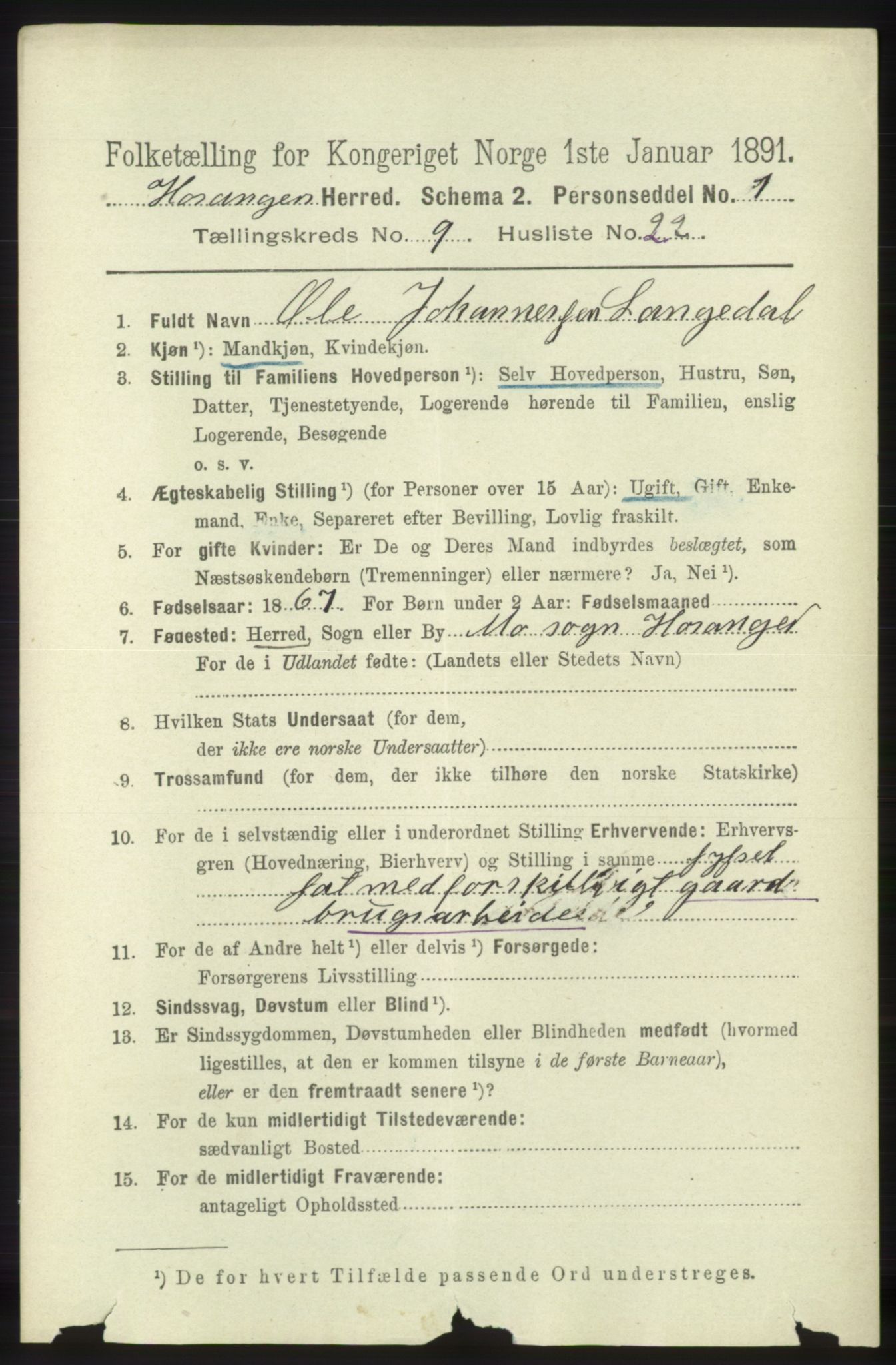 RA, 1891 census for 1253 Hosanger, 1891, p. 3423