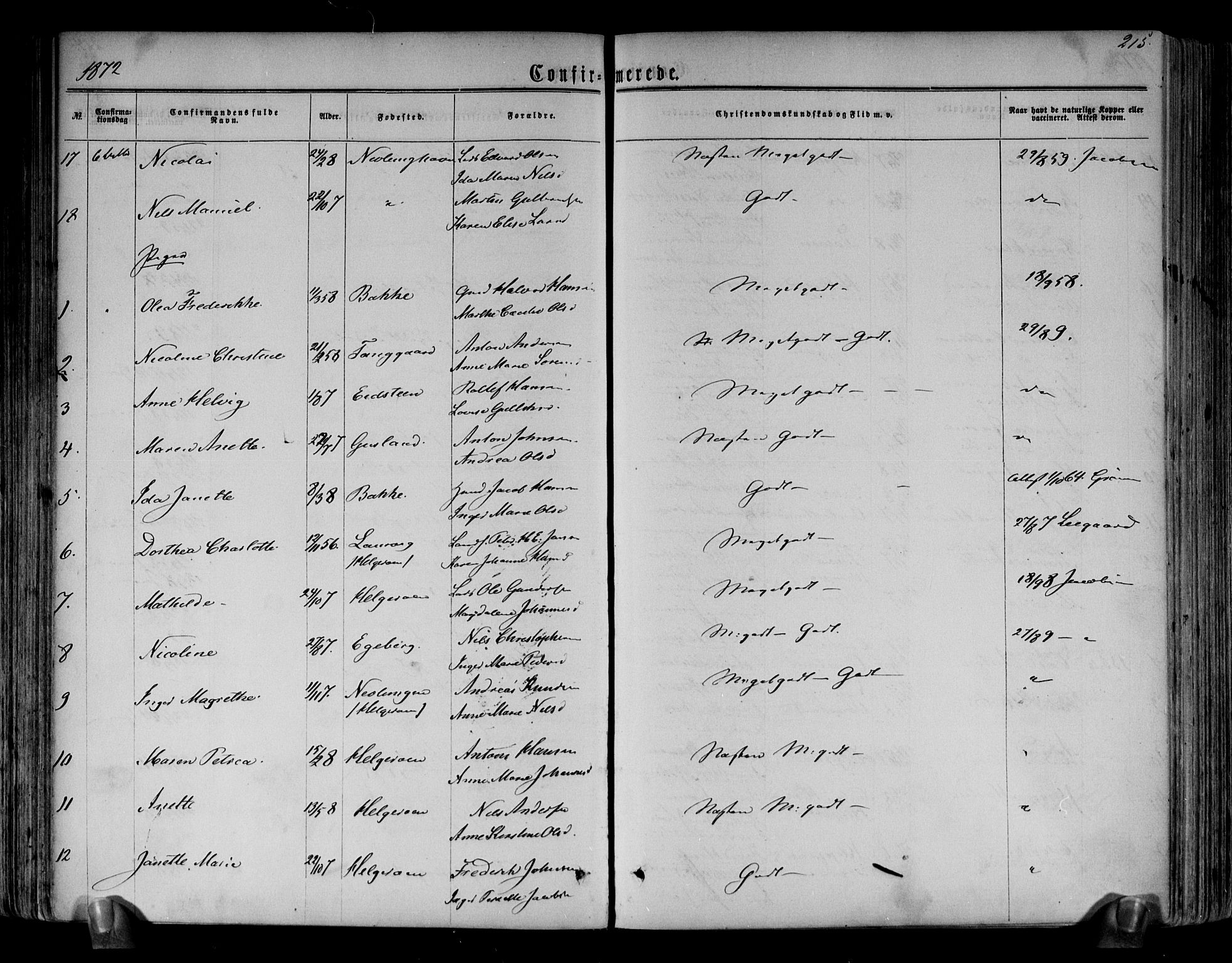 Brunlanes kirkebøker, AV/SAKO-A-342/F/Fa/L0005: Parish register (official) no. I 5, 1862-1877, p. 215