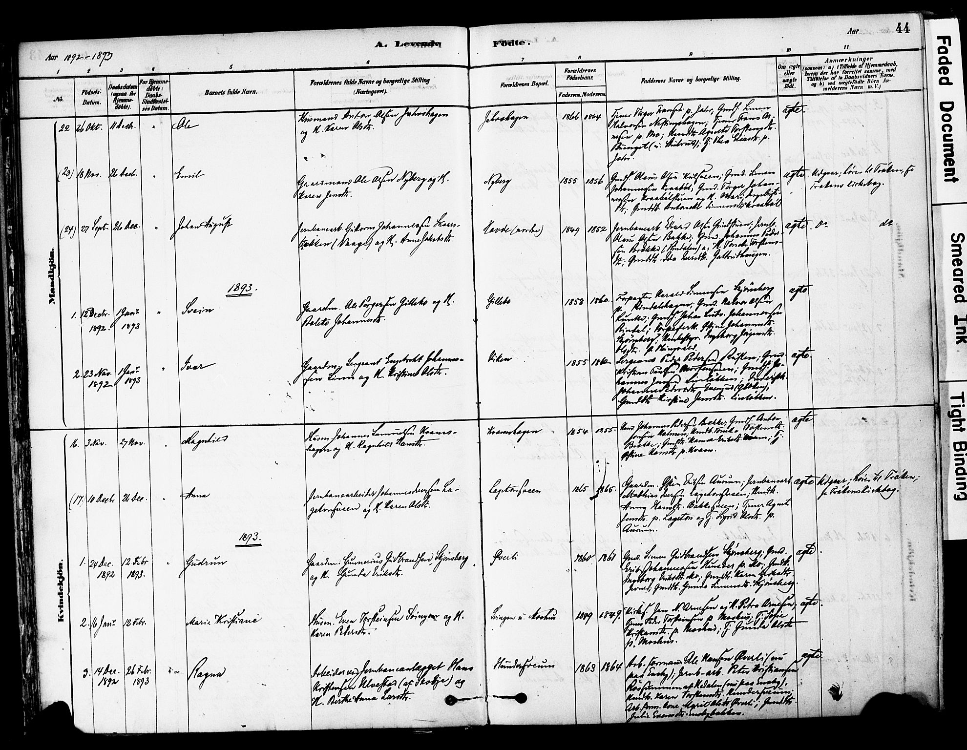 Øyer prestekontor, AV/SAH-PREST-084/H/Ha/Haa/L0008: Parish register (official) no. 8, 1878-1897, p. 44