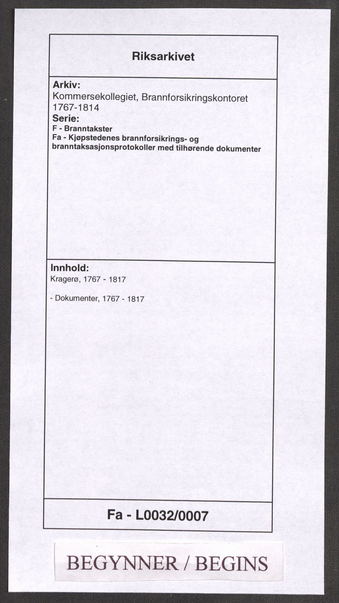 Kommersekollegiet, Brannforsikringskontoret 1767-1814, AV/RA-EA-5458/F/Fa/L0032/0007: Kragerø / Dokumenter, 1767-1817