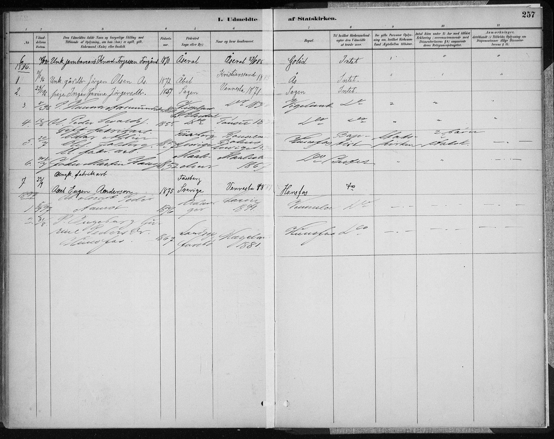 Vennesla sokneprestkontor, AV/SAK-1111-0045/Fa/Fab/L0004: Parish register (official) no. A 4, 1884-1896, p. 257