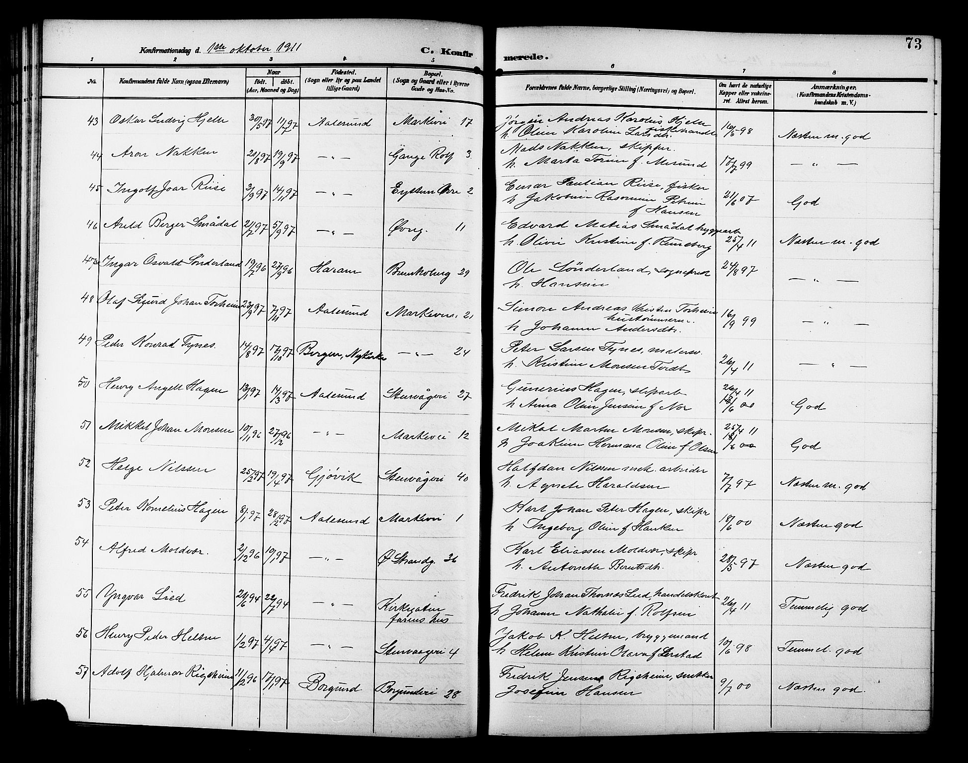 Ministerialprotokoller, klokkerbøker og fødselsregistre - Møre og Romsdal, AV/SAT-A-1454/529/L0470: Parish register (copy) no. 529C07, 1907-1917, p. 73