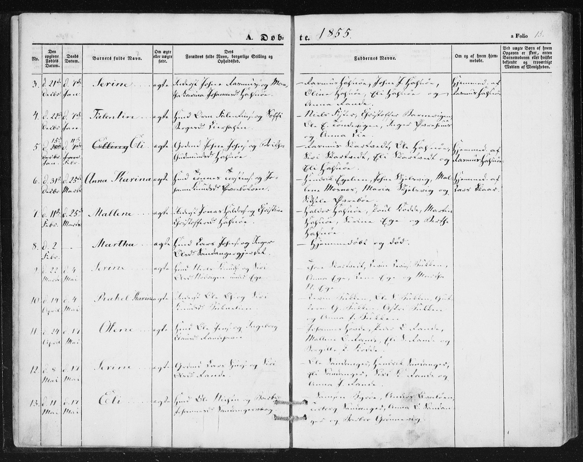 Hjelmeland sokneprestkontor, AV/SAST-A-101843/01/IV/L0010: Parish register (official) no. A 10, 1851-1871, p. 13