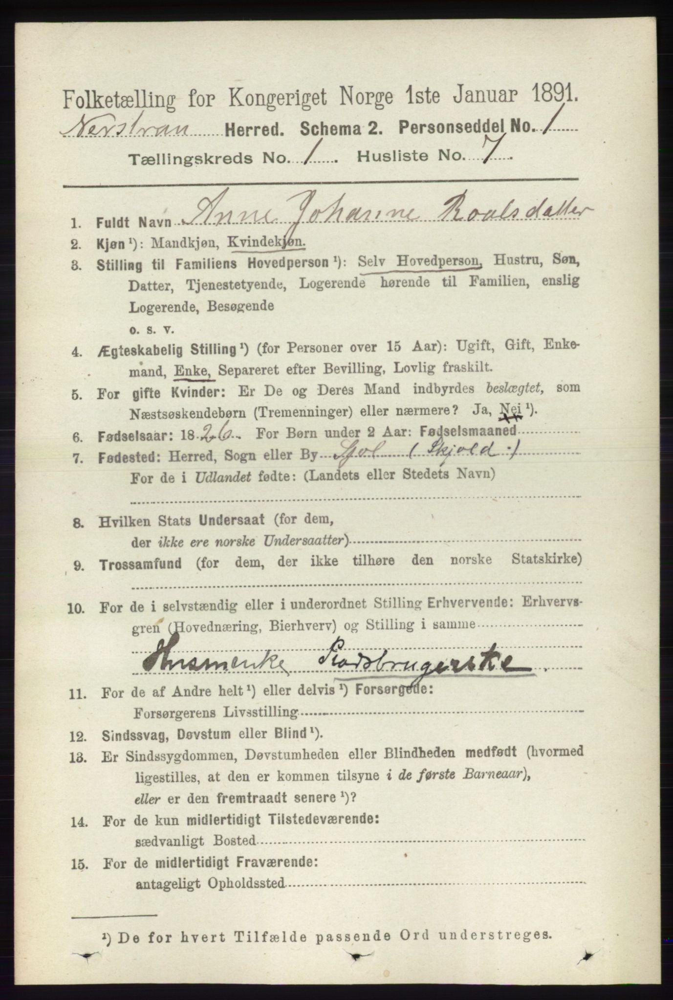 RA, 1891 census for 1139 Nedstrand, 1891, p. 110