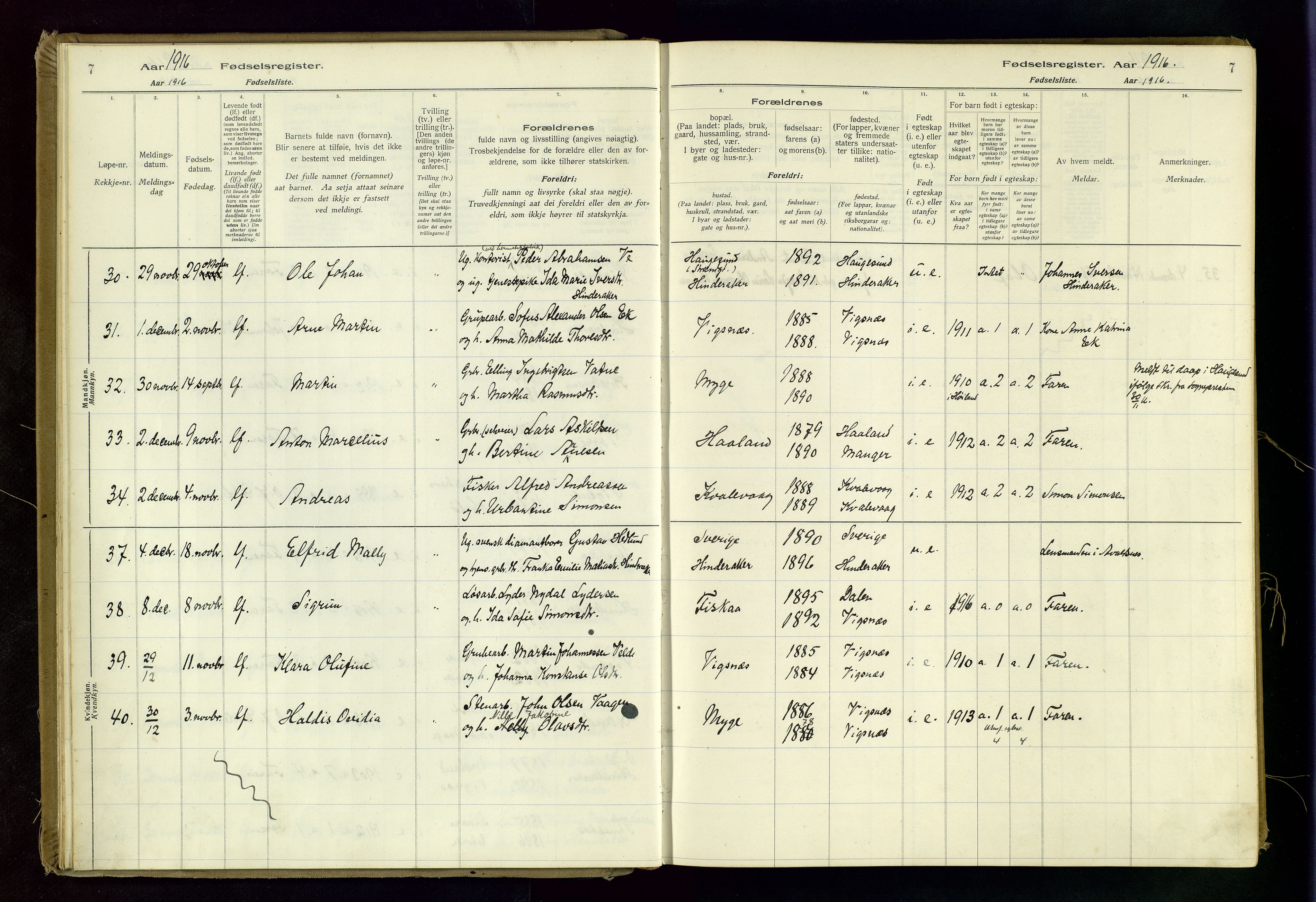 Avaldsnes sokneprestkontor, AV/SAST-A -101851/I/Id/L0001: Birth register no. 1, 1916-1946, p. 7