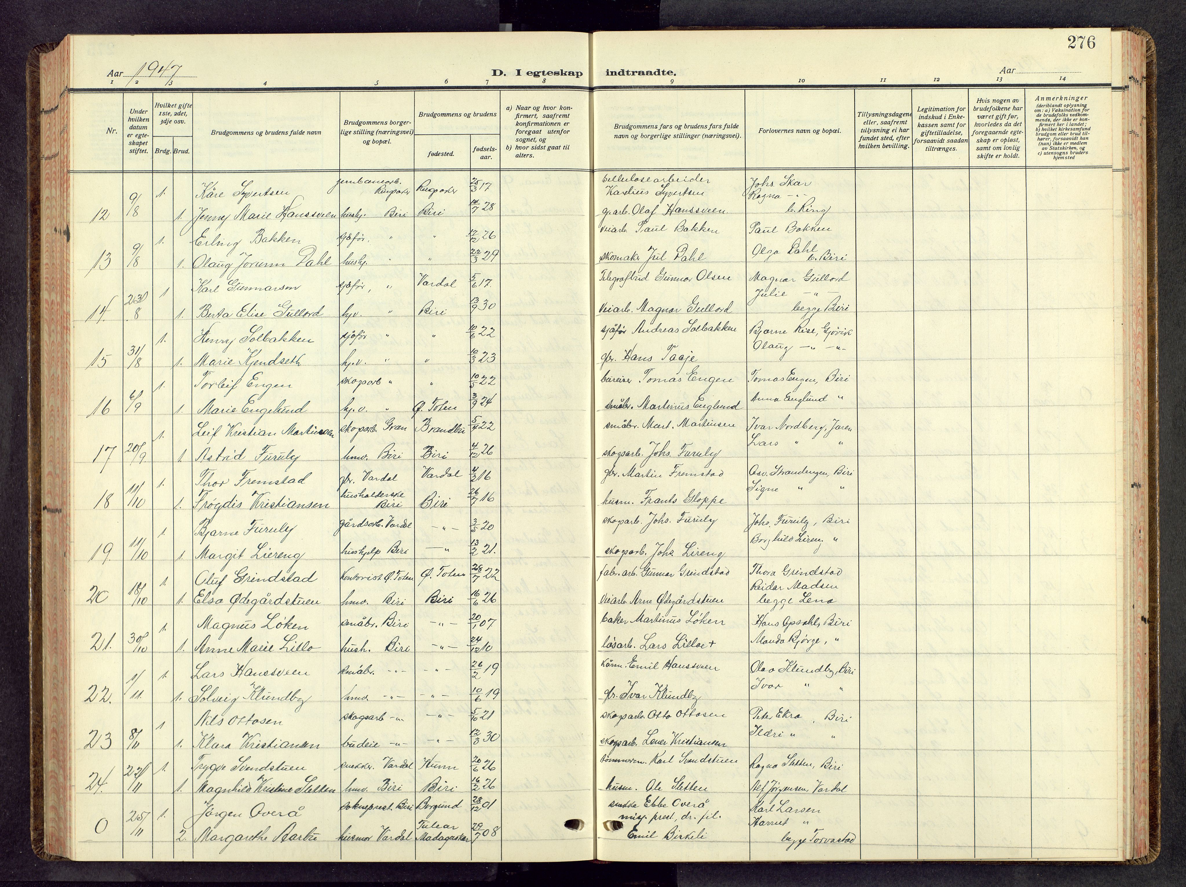 Biri prestekontor, AV/SAH-PREST-096/H/Ha/Hab/L0008: Parish register (copy) no. 8, 1939-1962, p. 276