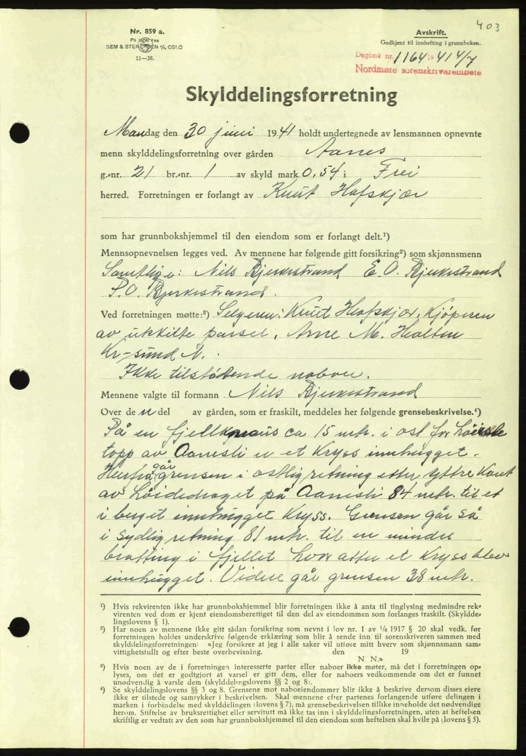 Nordmøre sorenskriveri, SAT/A-4132/1/2/2Ca: Mortgage book no. A90, 1941-1941, Diary no: : 1164/1941