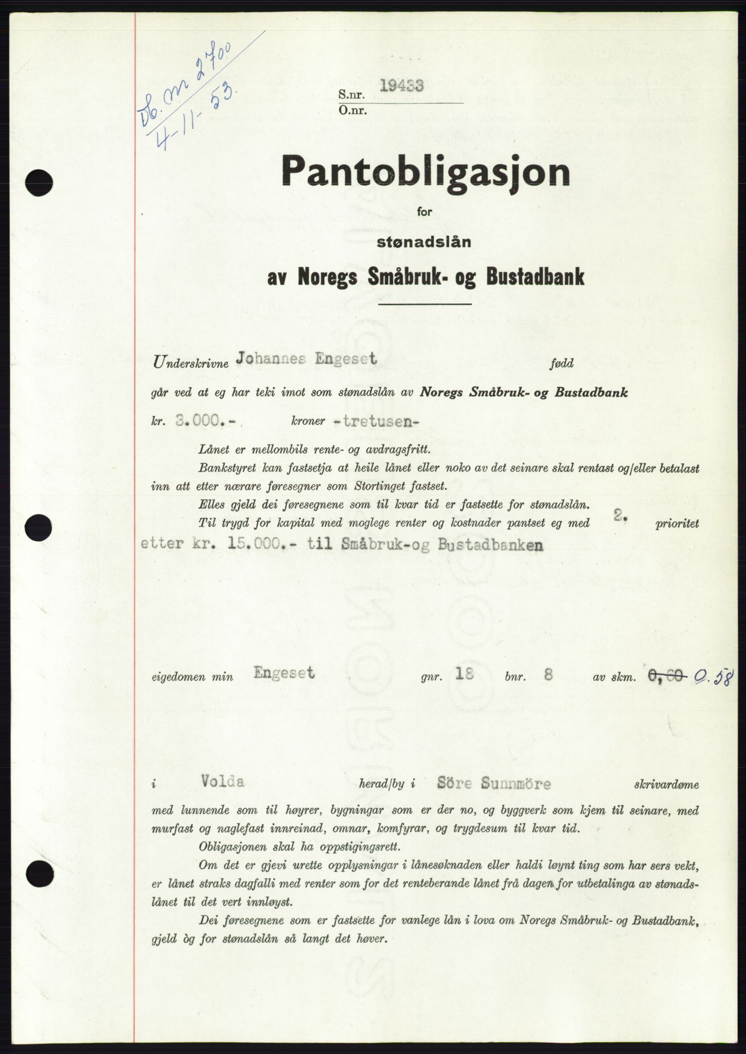 Søre Sunnmøre sorenskriveri, AV/SAT-A-4122/1/2/2C/L0124: Mortgage book no. 12B, 1953-1954, Diary no: : 2700/1953