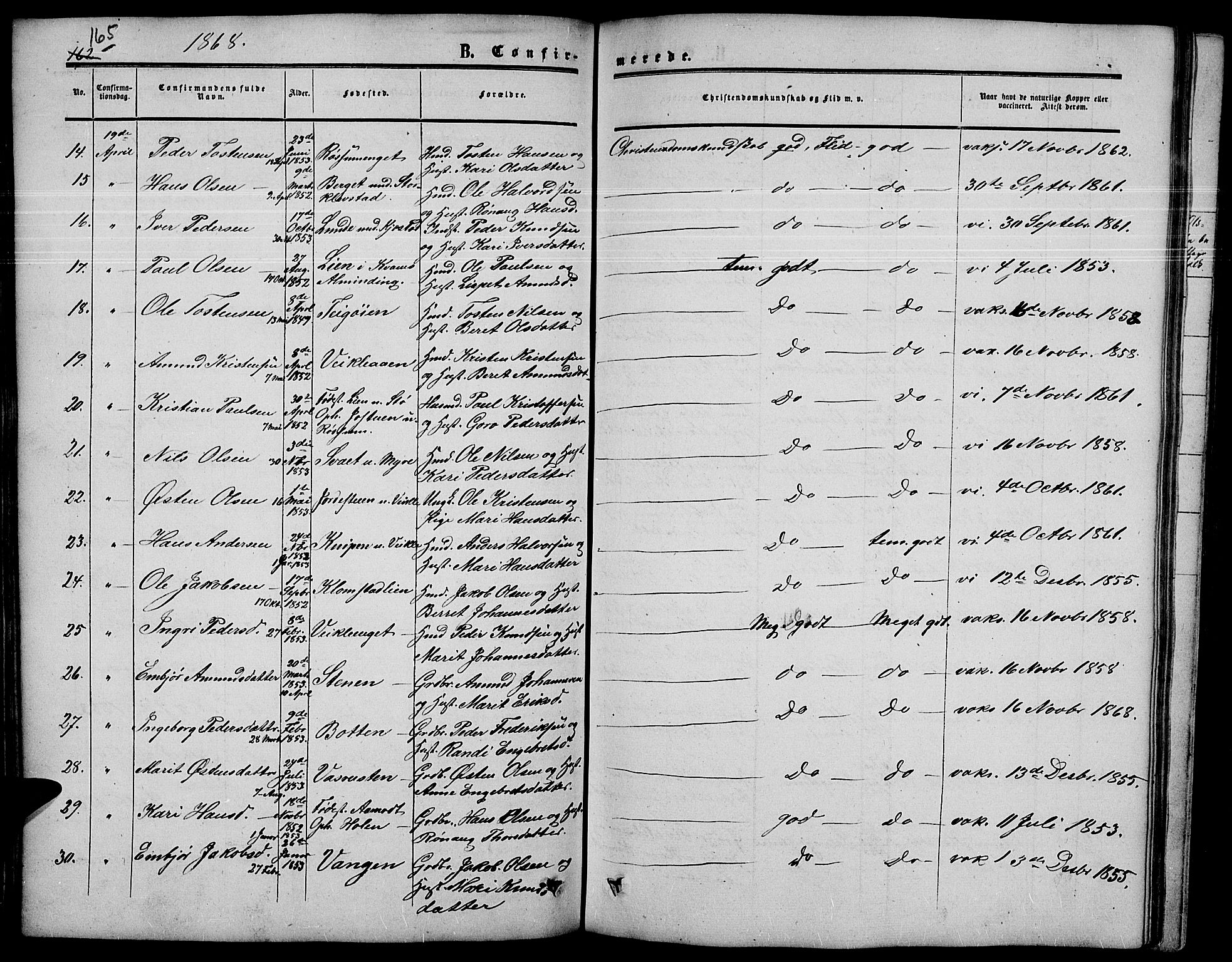 Nord-Fron prestekontor, SAH/PREST-080/H/Ha/Hab/L0003: Parish register (copy) no. 3, 1851-1886, p. 165