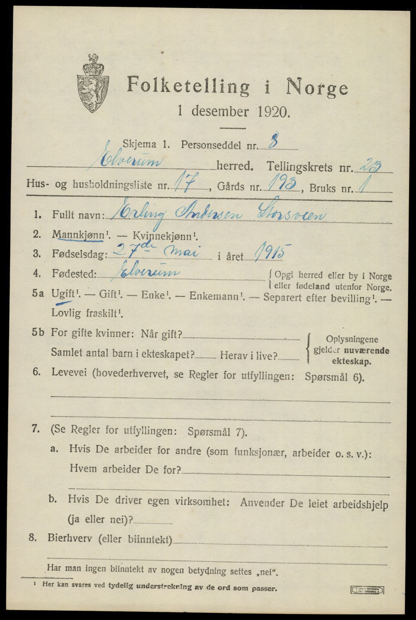 SAH, 1920 census for Elverum, 1920, p. 25384