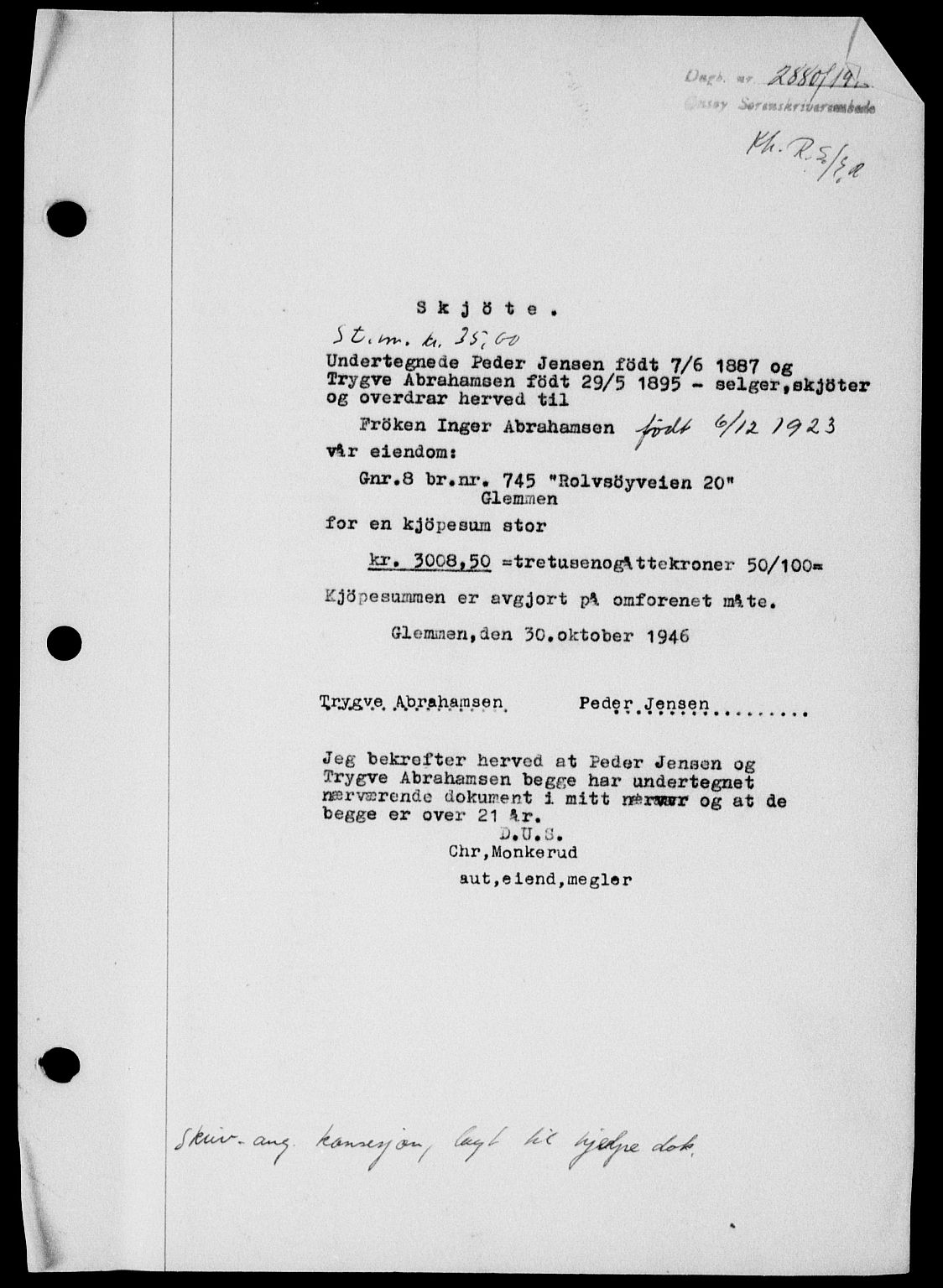 Onsøy sorenskriveri, SAO/A-10474/G/Ga/Gab/L0018: Mortgage book no. II A-18, 1946-1947, Diary no: : 2880/1946