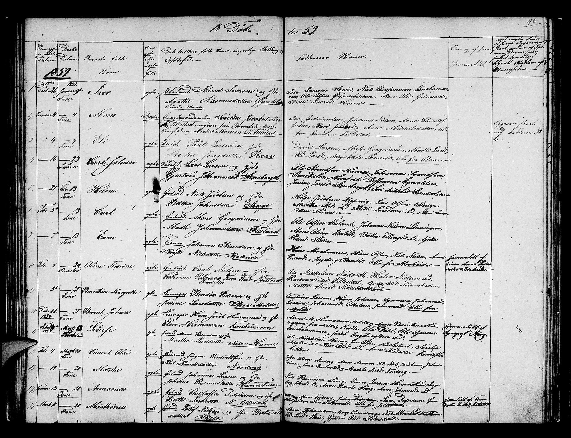 Fana Sokneprestembete, SAB/A-75101/H/Hab/Habb/L0002: Parish register (copy) no. B 2, 1851-1860, p. 46