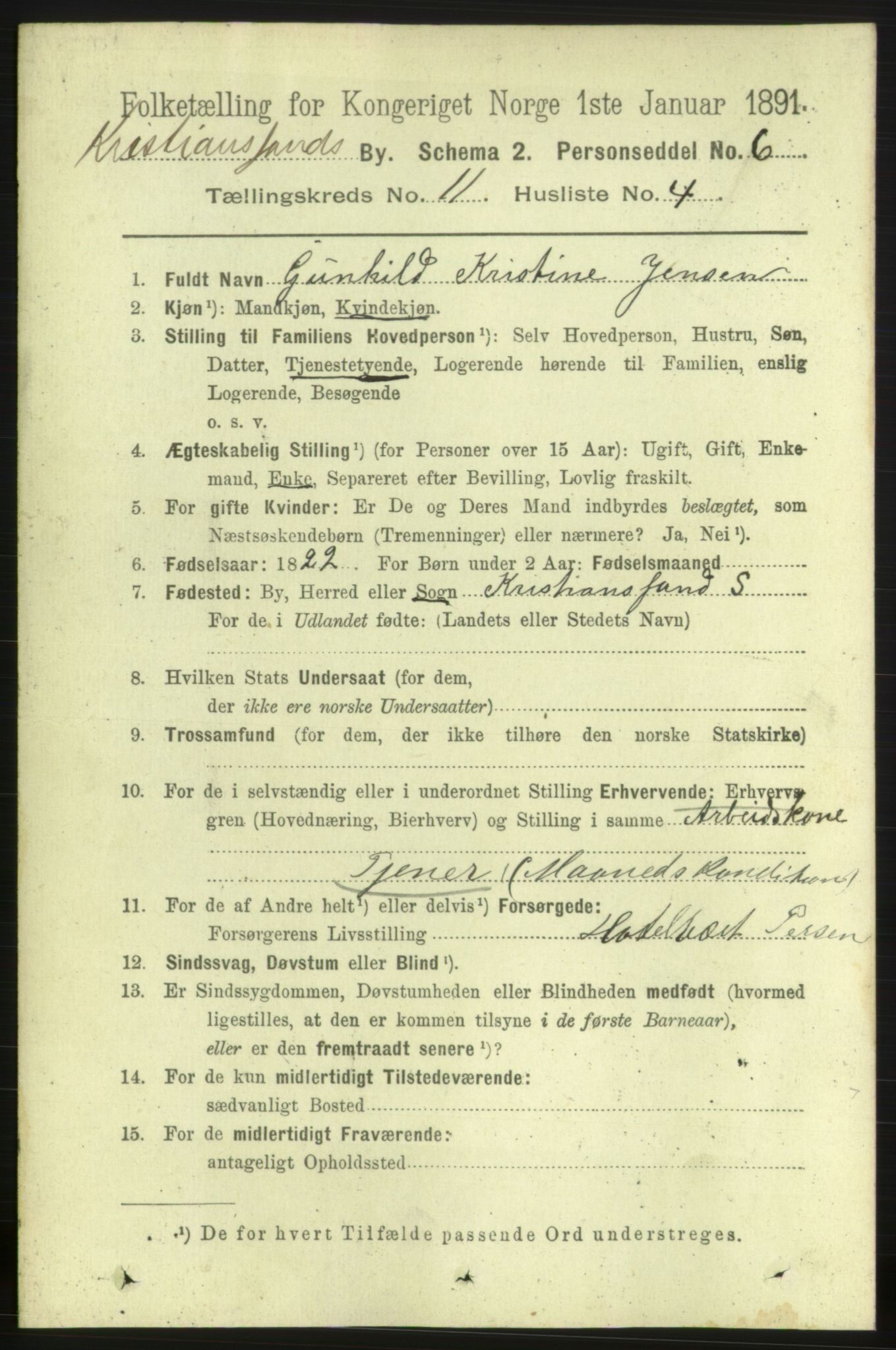 RA, 1891 census for 1001 Kristiansand, 1891, p. 5606