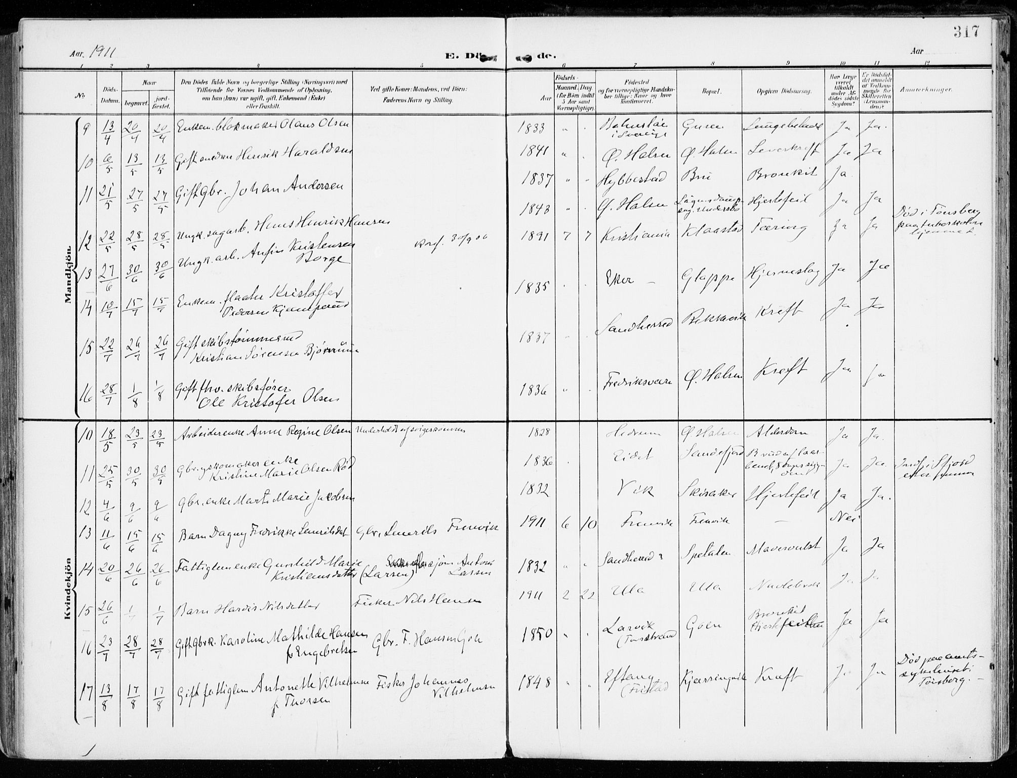 Tjølling kirkebøker, SAKO/A-60/F/Fa/L0010: Parish register (official) no. 10, 1906-1923, p. 317