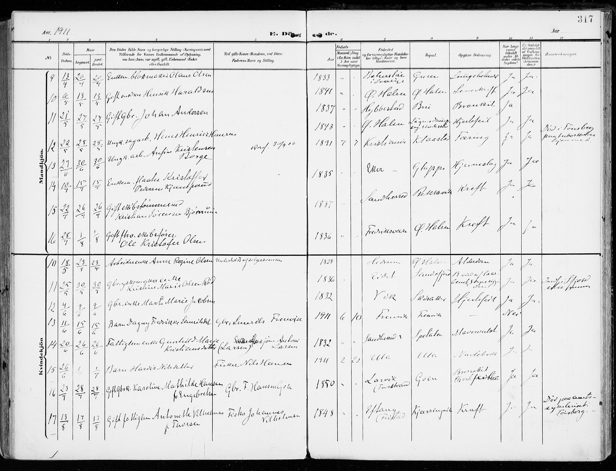 Tjølling kirkebøker, AV/SAKO-A-60/F/Fa/L0010: Parish register (official) no. 10, 1906-1923, p. 317