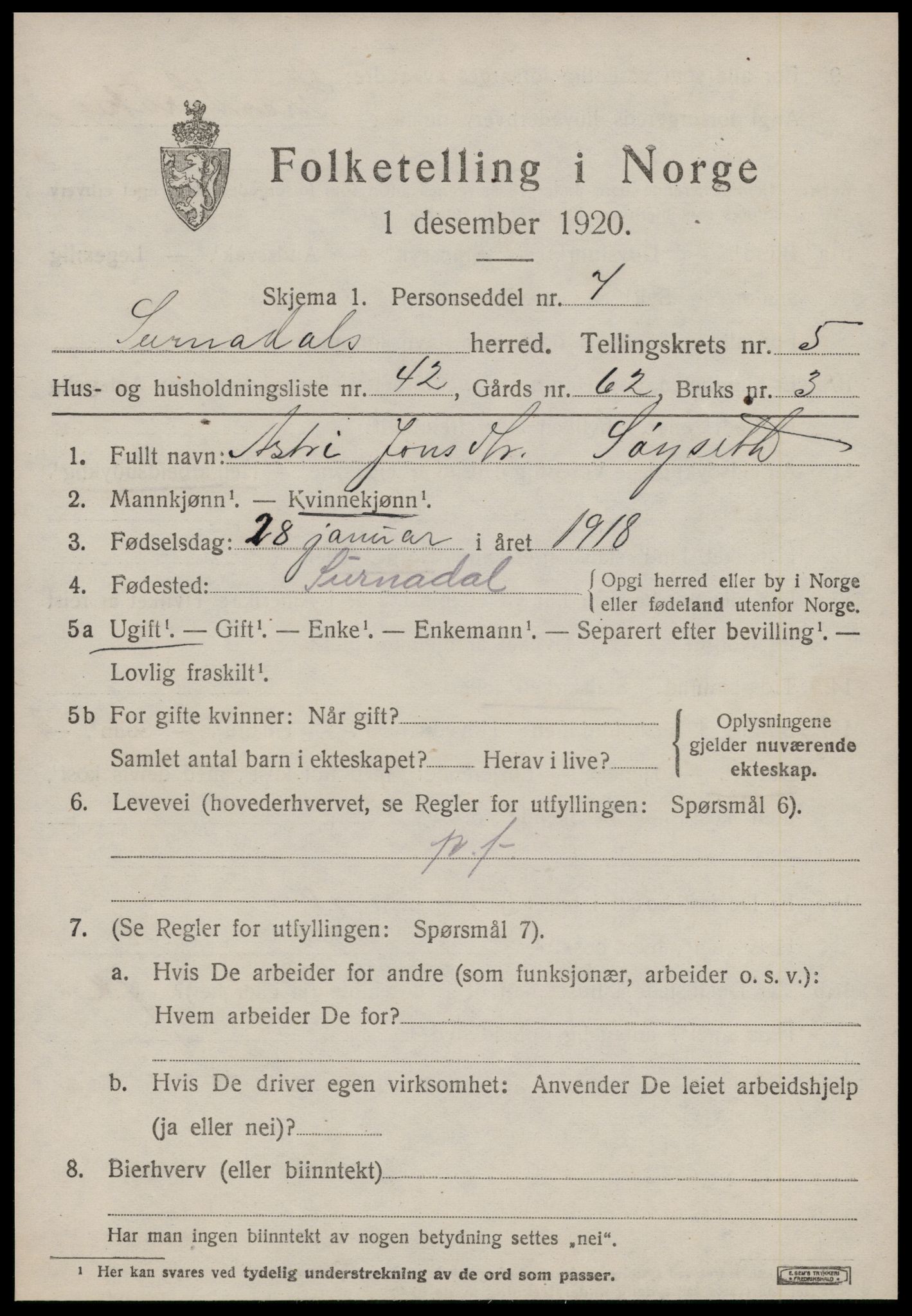 SAT, 1920 census for Surnadal, 1920, p. 4281