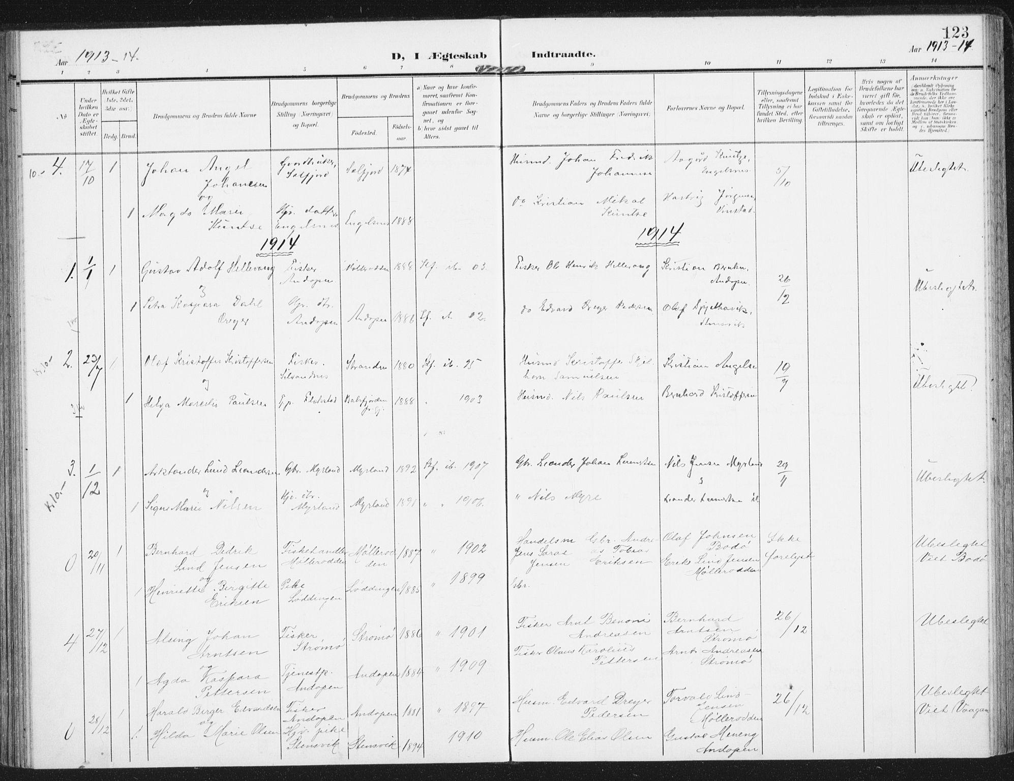 Ministerialprotokoller, klokkerbøker og fødselsregistre - Nordland, AV/SAT-A-1459/885/L1206: Parish register (official) no. 885A07, 1905-1915, p. 123