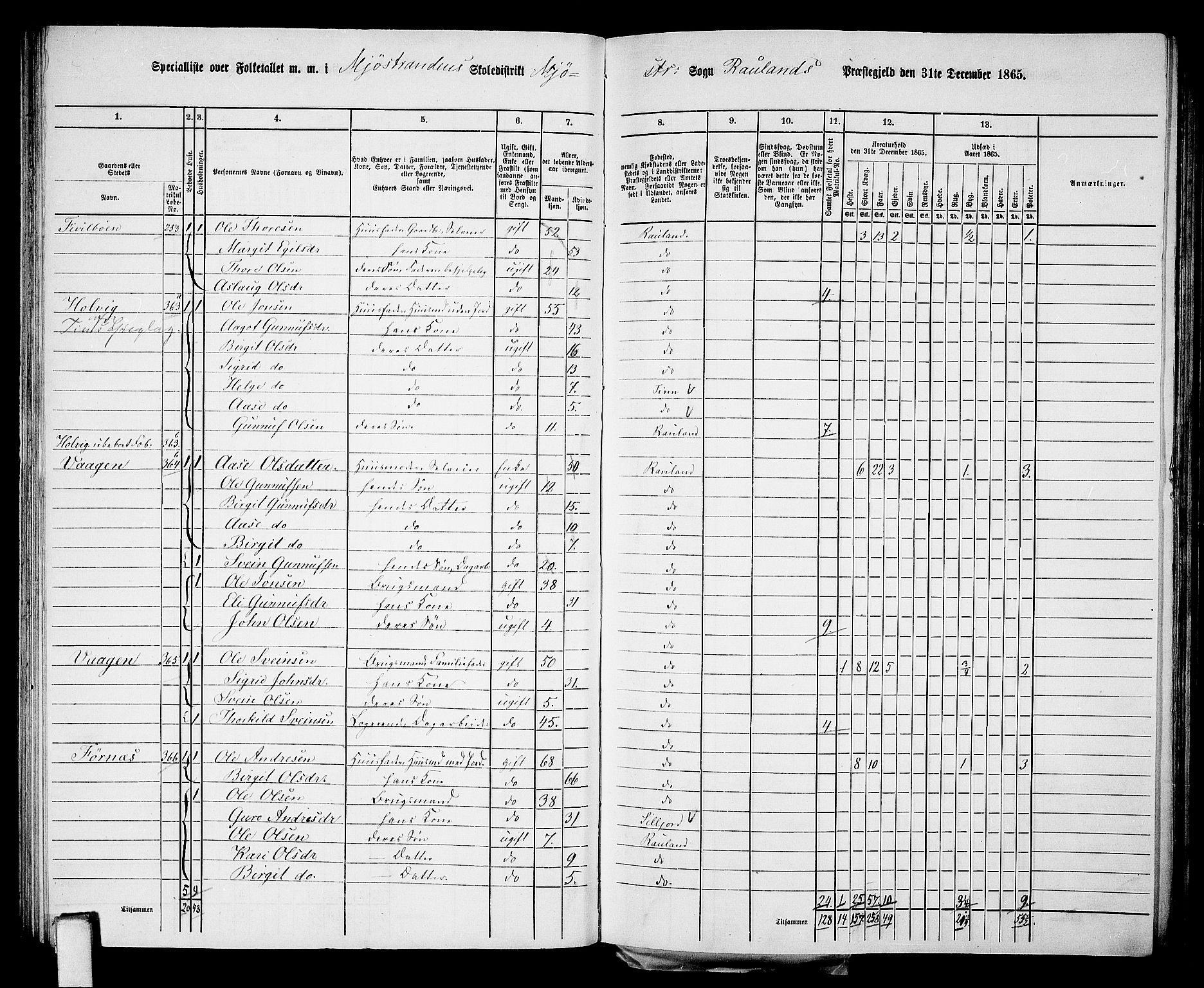 RA, 1865 census for Rauland, 1865, p. 57