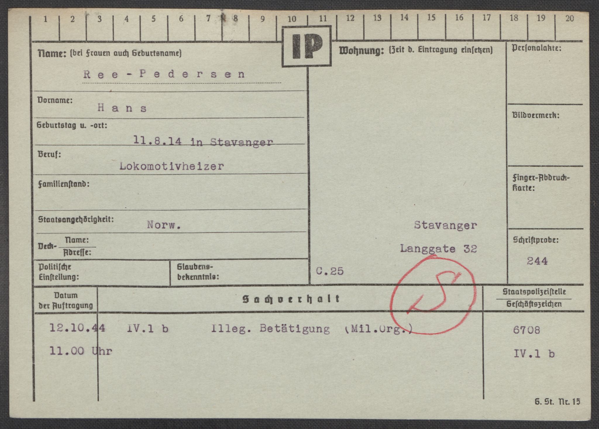 Befehlshaber der Sicherheitspolizei und des SD, AV/RA-RAFA-5969/E/Ea/Eaa/L0008: Register over norske fanger i Møllergata 19: Oelze-Ru, 1940-1945, p. 1090