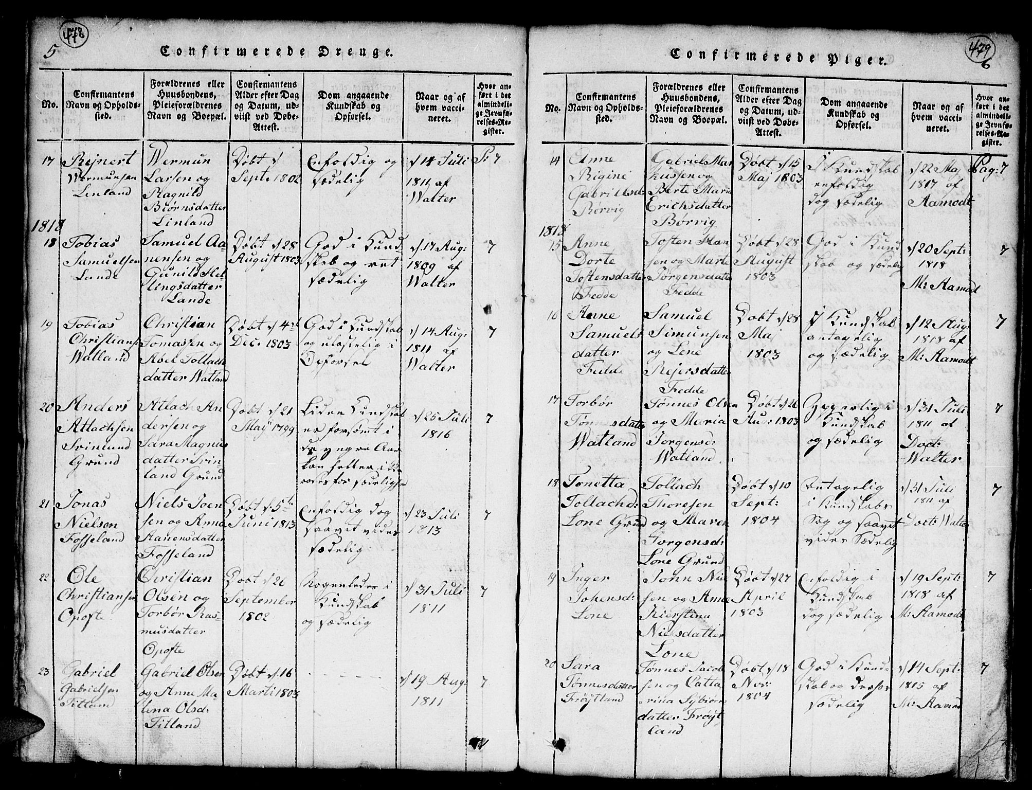 Kvinesdal sokneprestkontor, SAK/1111-0026/F/Fb/Fba/L0001: Parish register (copy) no. B 1, 1815-1839, p. 478-479