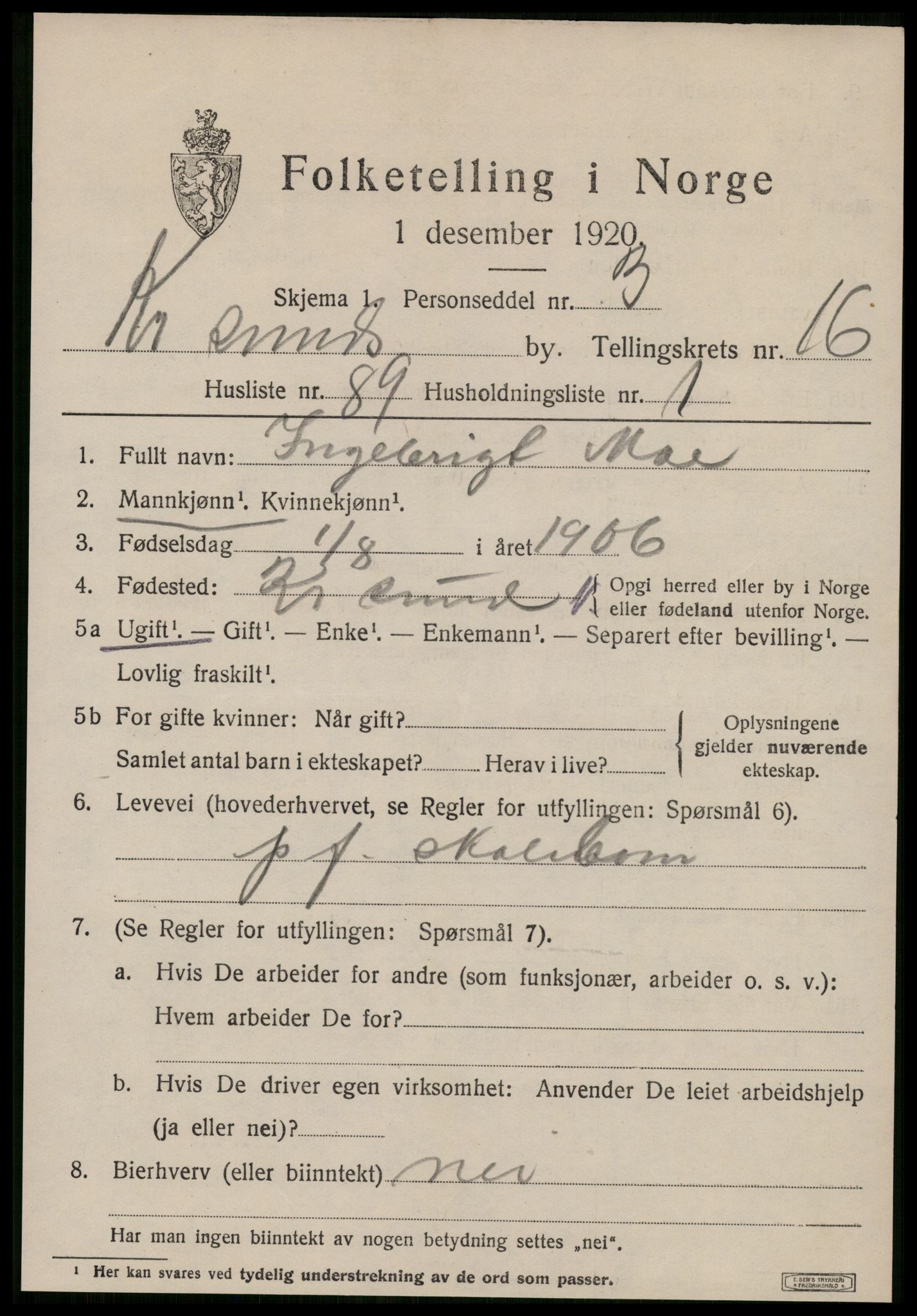 SAT, 1920 census for Kristiansund, 1920, p. 35885