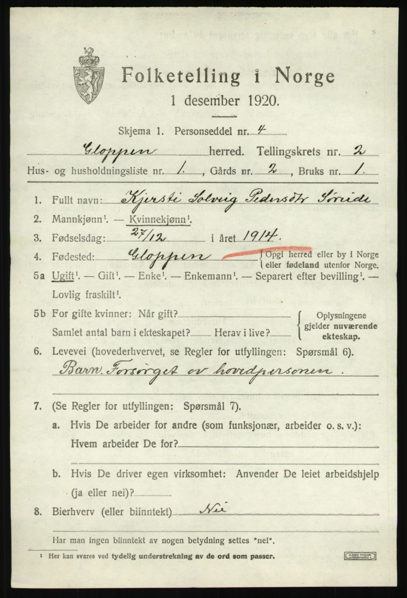 SAB, 1920 census for Gloppen, 1920, p. 1238