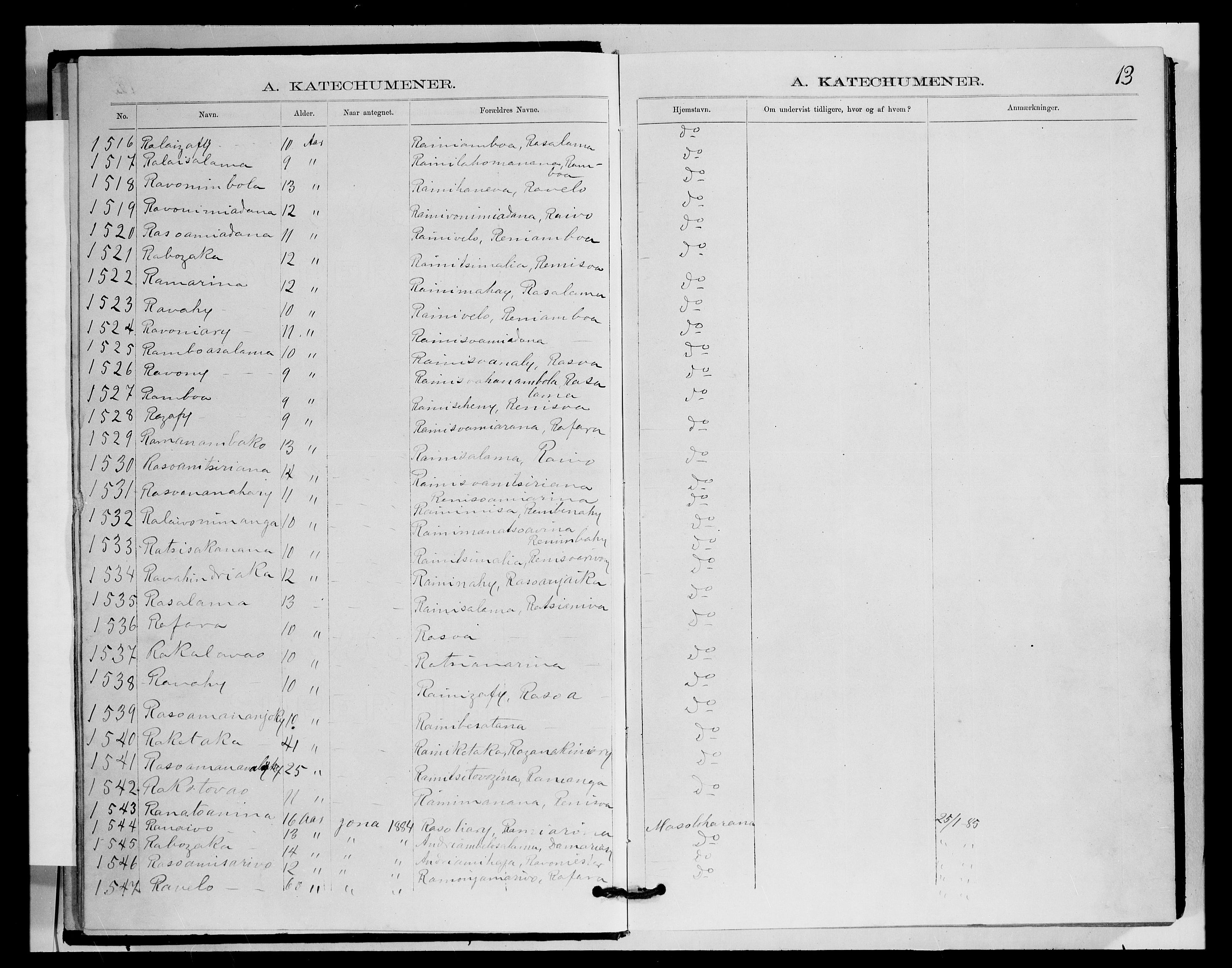 Archives FLM/NMS, Madagaskar, VID/MA-A-1163/D/Db/L0270: Parish register (official) no. 2, 1883-1886, p. 13