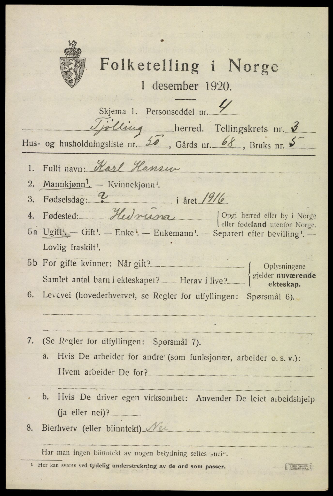SAKO, 1920 census for Tjølling, 1920, p. 7479
