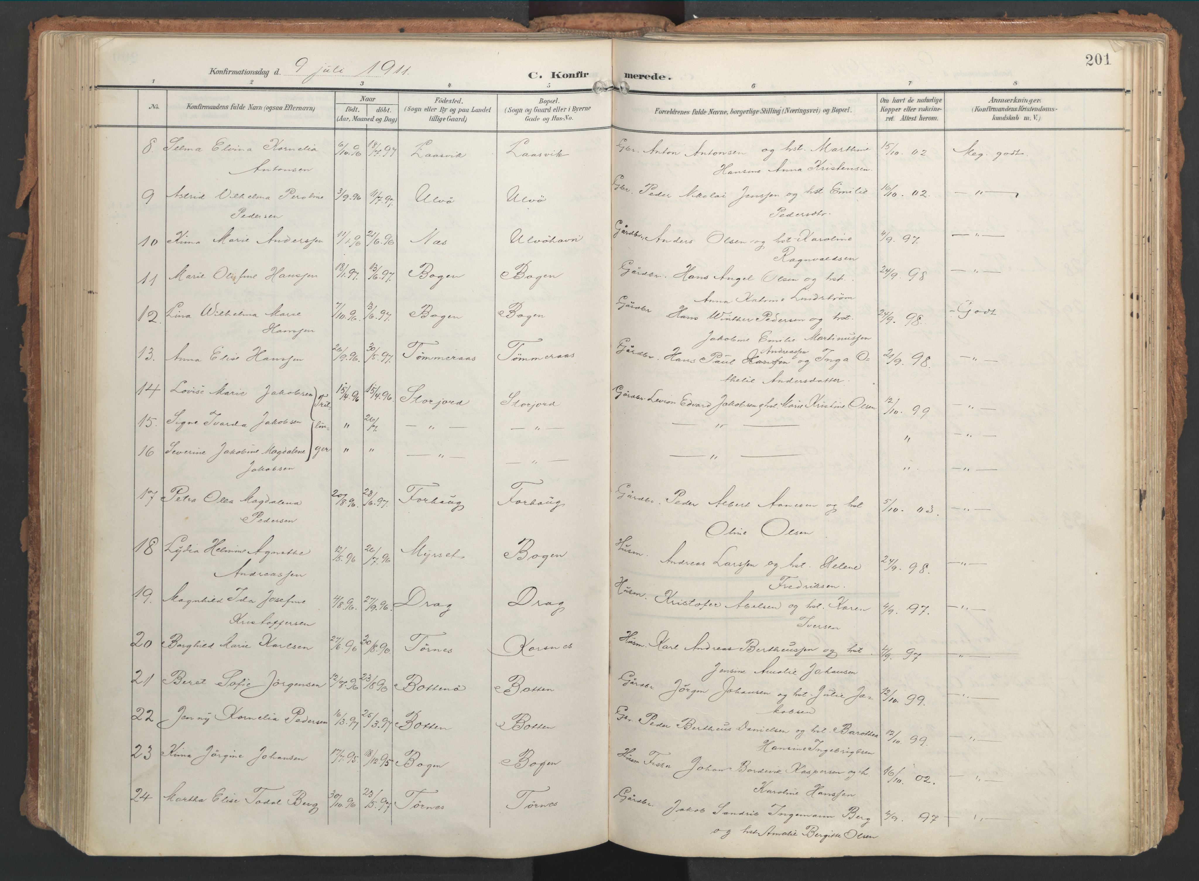 Ministerialprotokoller, klokkerbøker og fødselsregistre - Nordland, AV/SAT-A-1459/861/L0871: Parish register (official) no. 861A06, 1903-1916, p. 201