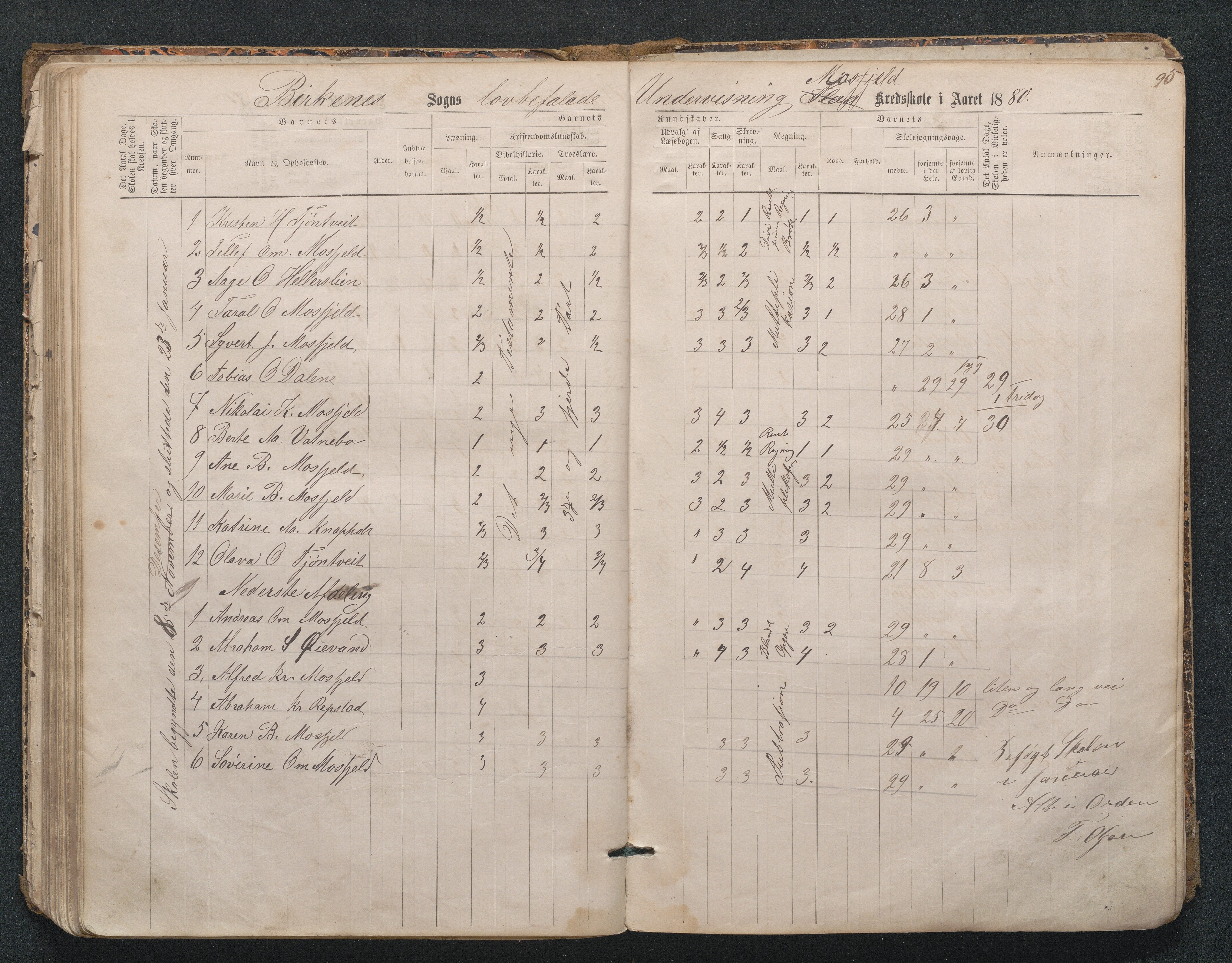 Birkenes kommune, Mosfjell skolekrets, AAKS/KA0928-550f_91/F02/L0001: Skoleprotokoll Flå og Mosfjell, 1867-1909, p. 95