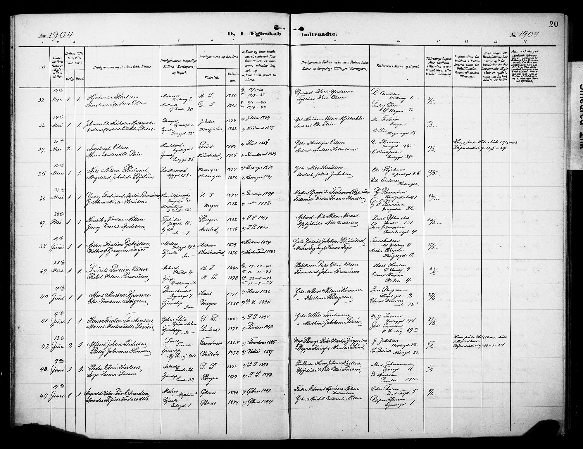 Sandviken Sokneprestembete, AV/SAB-A-77601/H/Hb/L0014: Parish register (copy) no. D 1, 1902-1929, p. 20