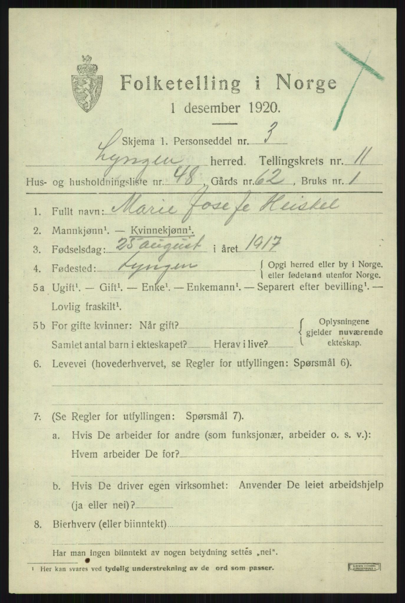 SATØ, 1920 census for Lyngen, 1920, p. 8991