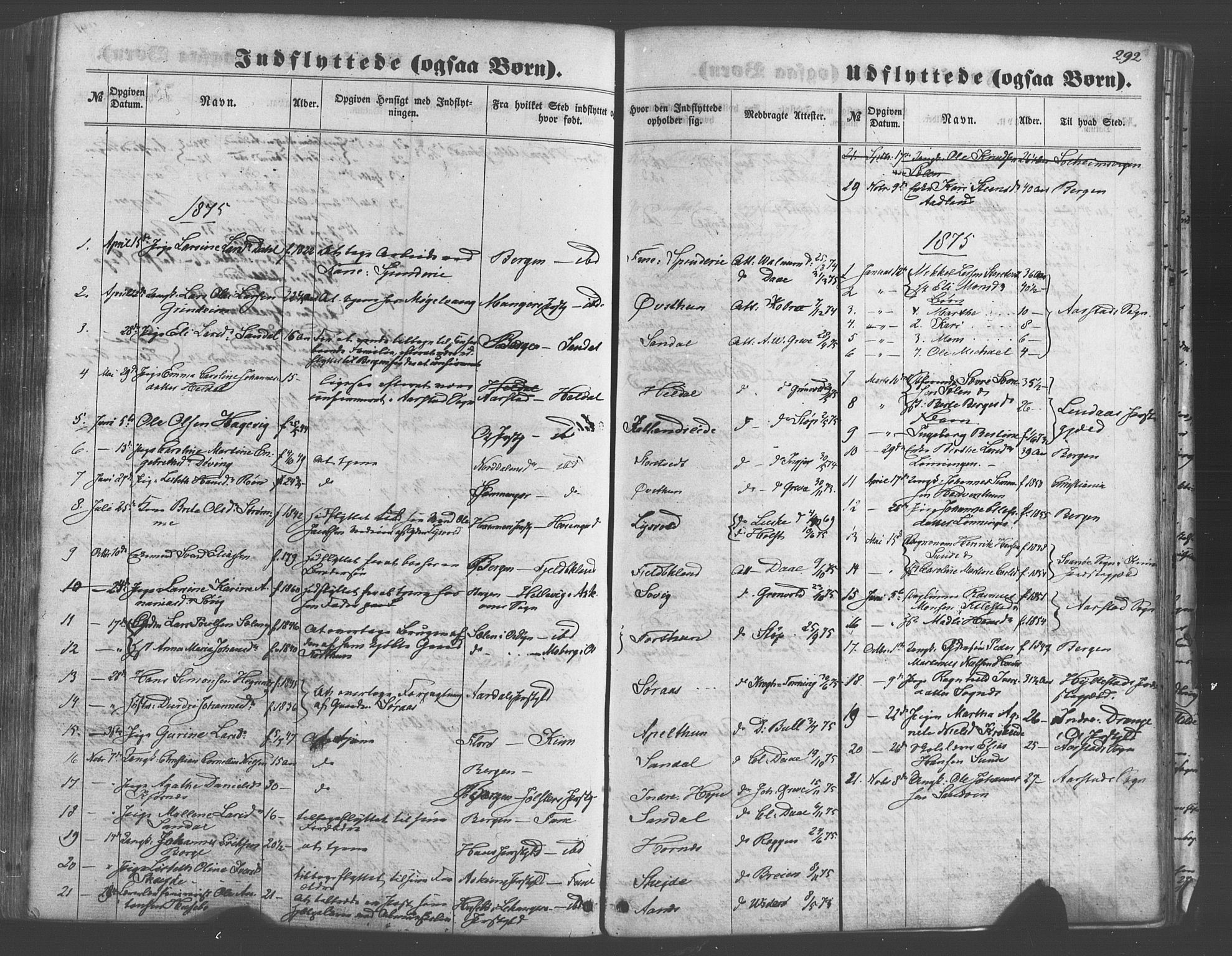 Fana Sokneprestembete, SAB/A-75101/H/Haa/Haaa/L0012: Parish register (official) no. A 12, 1862-1878, p. 292