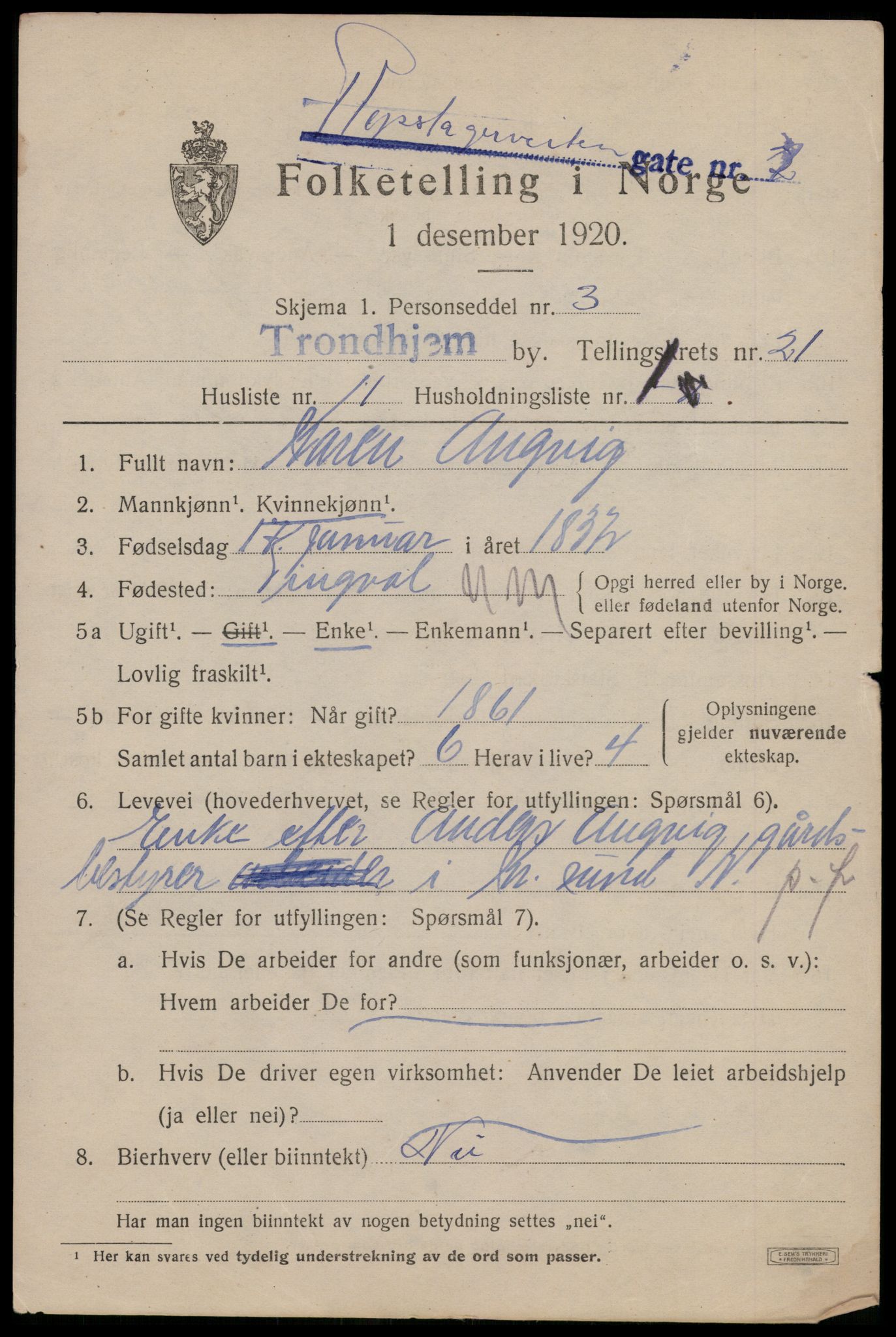 SAT, 1920 census for Trondheim, 1920, p. 61040