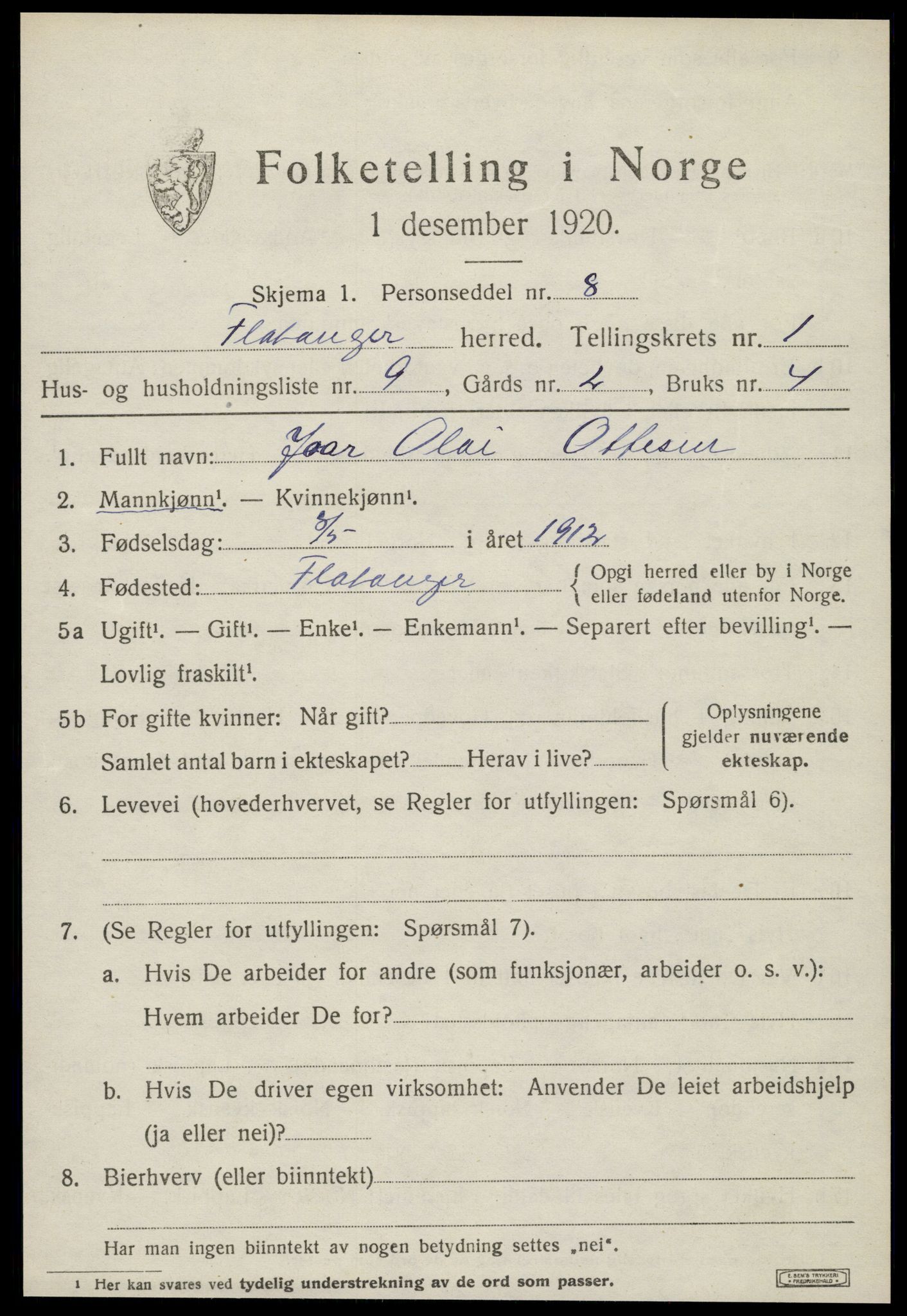 SAT, 1920 census for Flatanger, 1920, p. 802