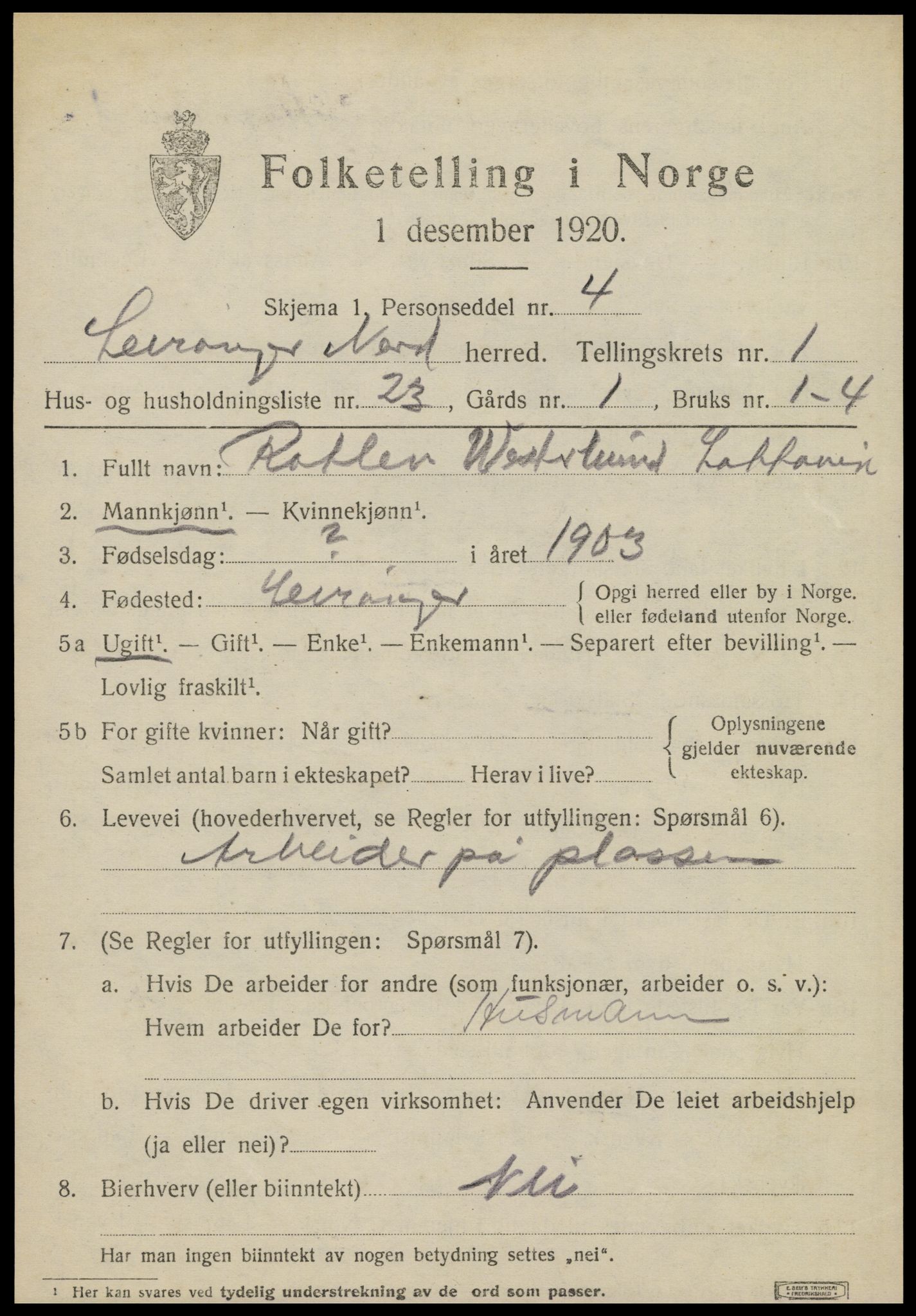 SAT, 1920 census for Leiranger, 1920, p. 767