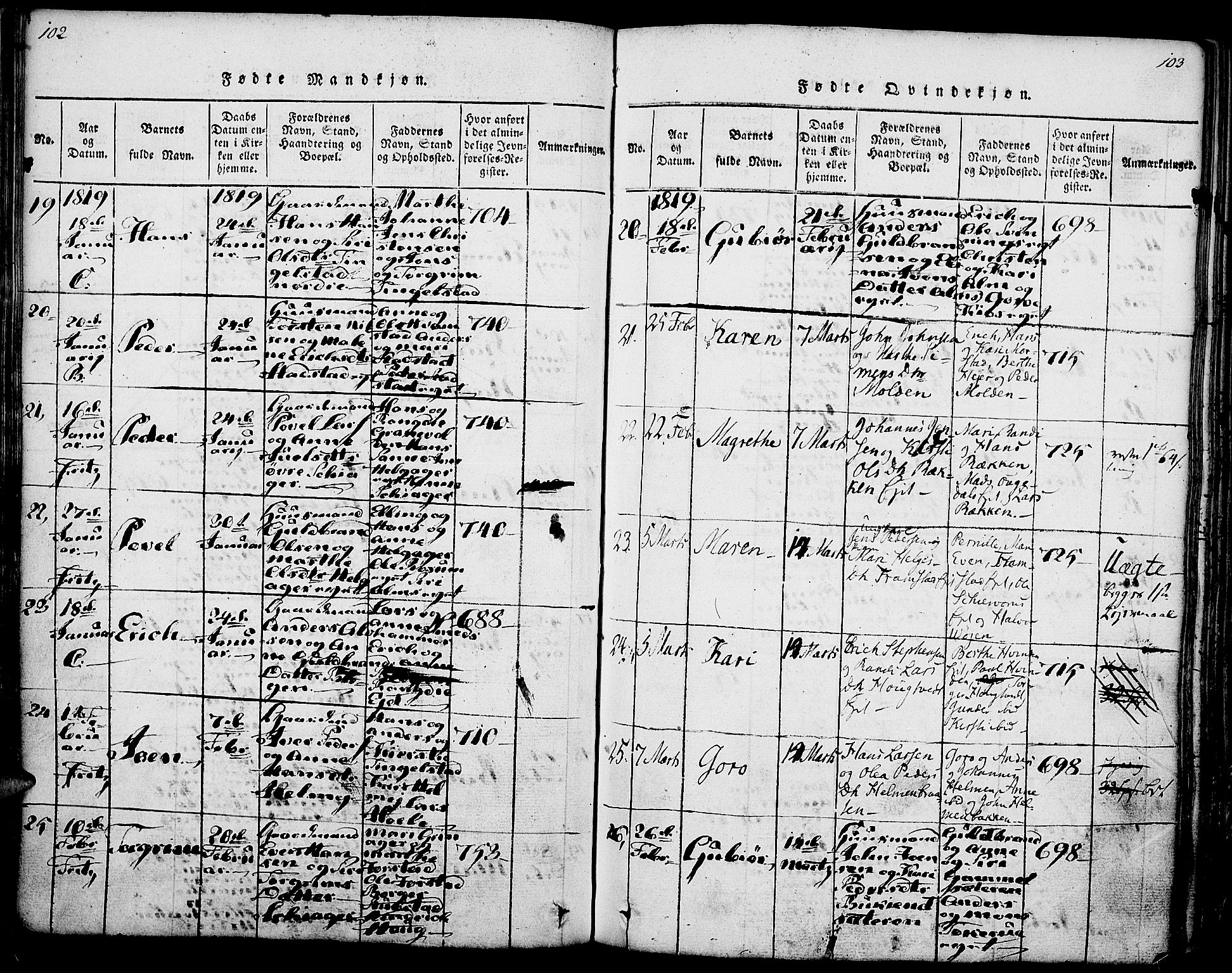 Gran prestekontor, SAH/PREST-112/H/Ha/Haa/L0009: Parish register (official) no. 9, 1815-1824, p. 102-103