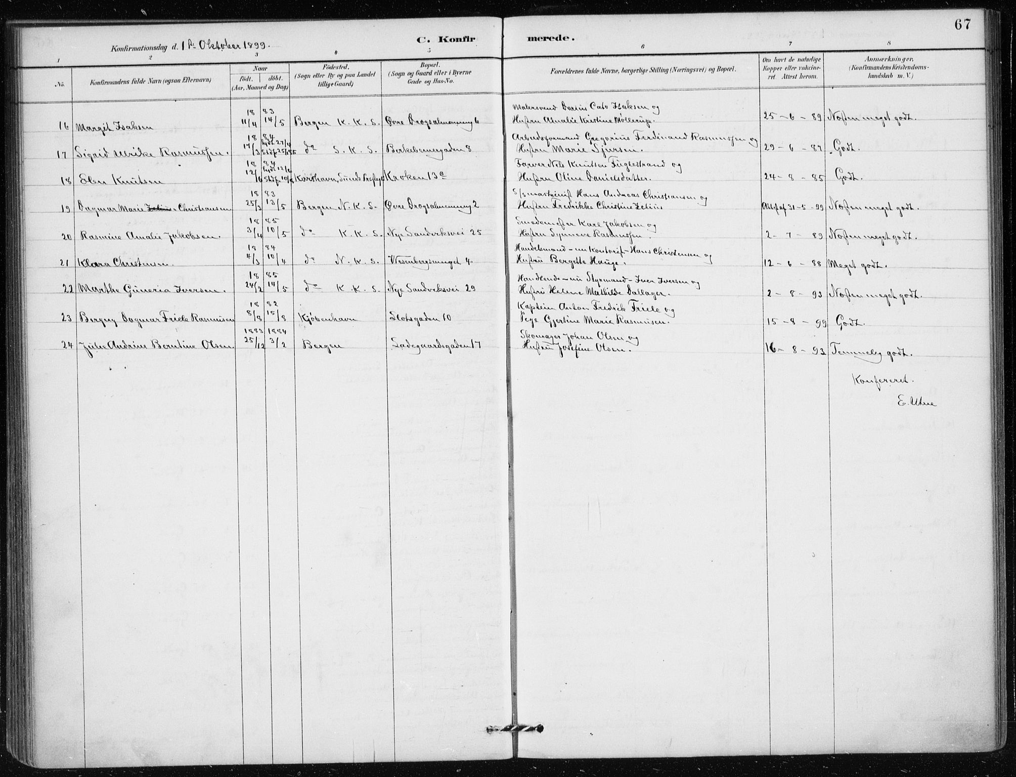 Mariakirken Sokneprestembete, AV/SAB-A-76901/H/Haa/L0013: Parish register (official) no. C 1, 1889-1900, p. 67