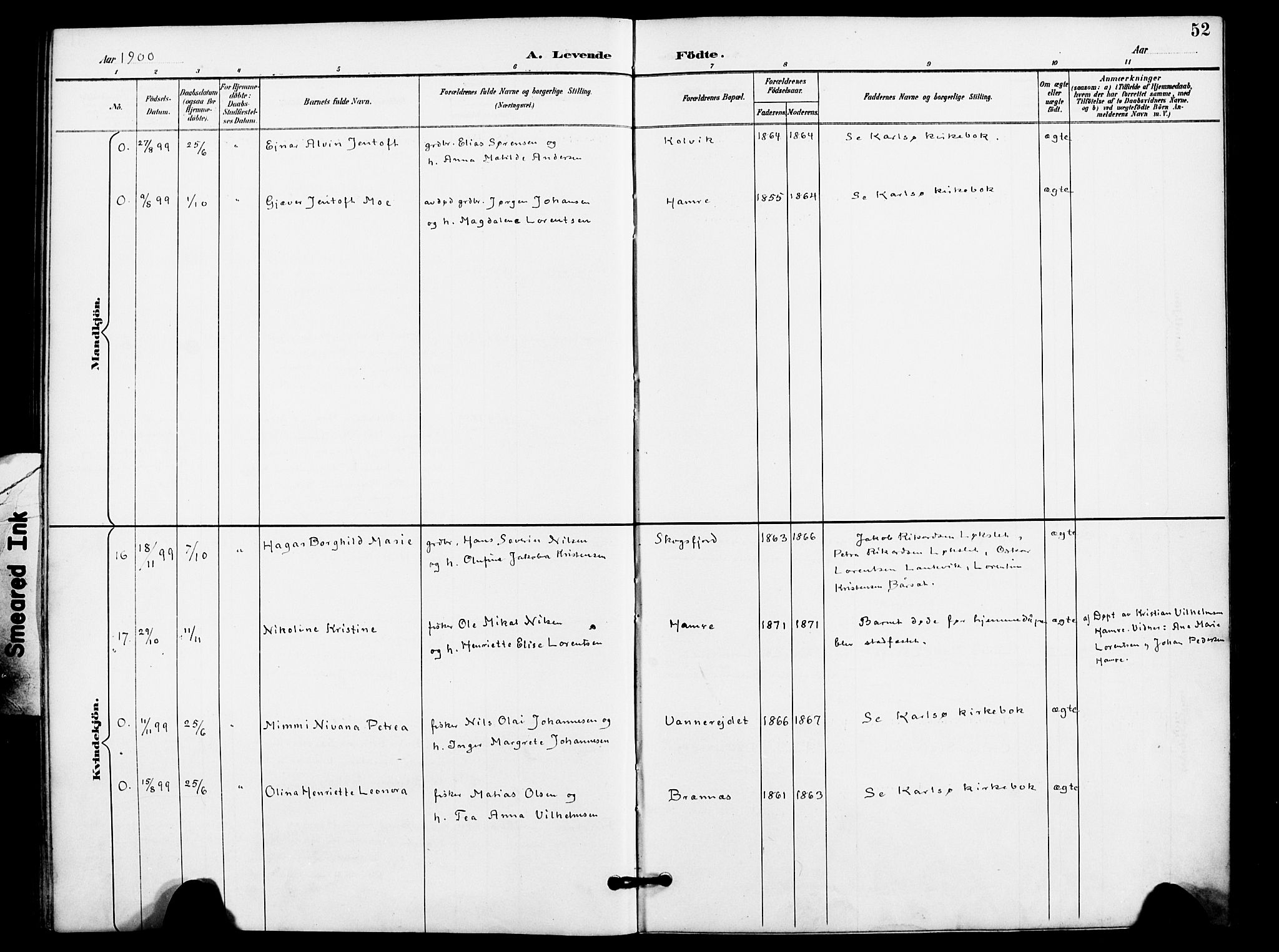 Karlsøy sokneprestembete, AV/SATØ-S-1299/H/Ha/Haa/L0012kirke: Parish register (official) no. 12, 1892-1902, p. 52