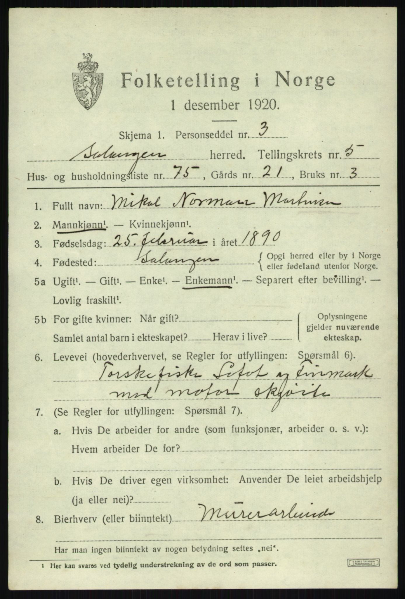 SATØ, 1920 census for Salangen, 1920, p. 4260