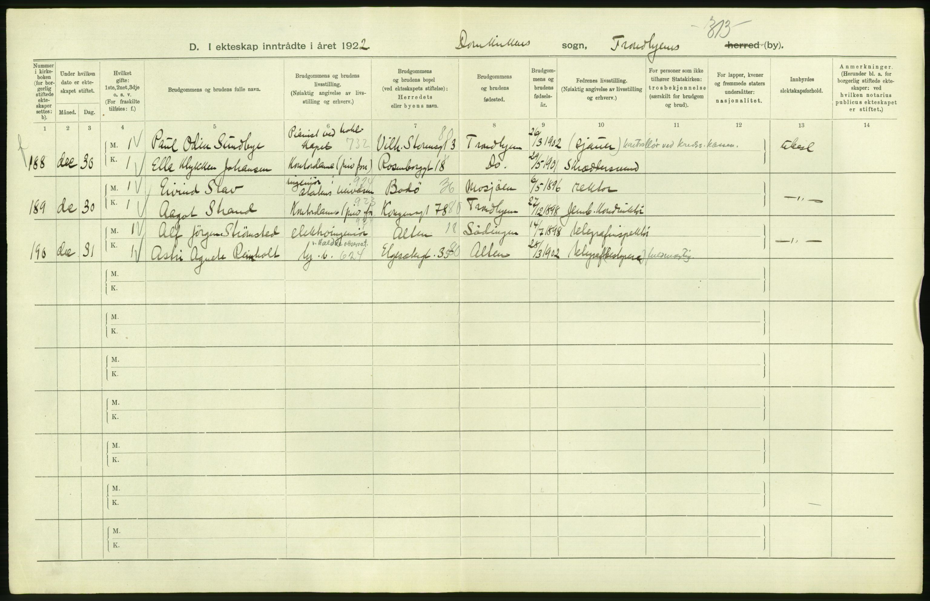 Statistisk sentralbyrå, Sosiodemografiske emner, Befolkning, AV/RA-S-2228/D/Df/Dfc/Dfcb/L0040: Trondheim: Gifte, døde, dødfødte., 1922, p. 52